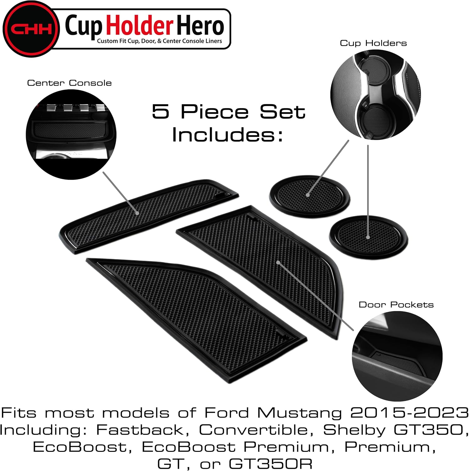 CupHolderHero Compatible with Ford Mustang Accessories 2015-2023 Premium Custom Interior Non-Slip Anti Dust Cup Holder Inserts, Center Console Liner Mats, Door Pocket Liners 5pc Set (Solid Black)
