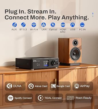 P30 300W x 2 Multiroom Streaming Amplifier Stereo Music Streamer with ESS ES9023Q2M DAC & TI TPA3255DD Amps, 3 LCD Screen, WiFi, BT, Remote Control, PC in, HDMI ARC, Optical, RCA I/O Ports