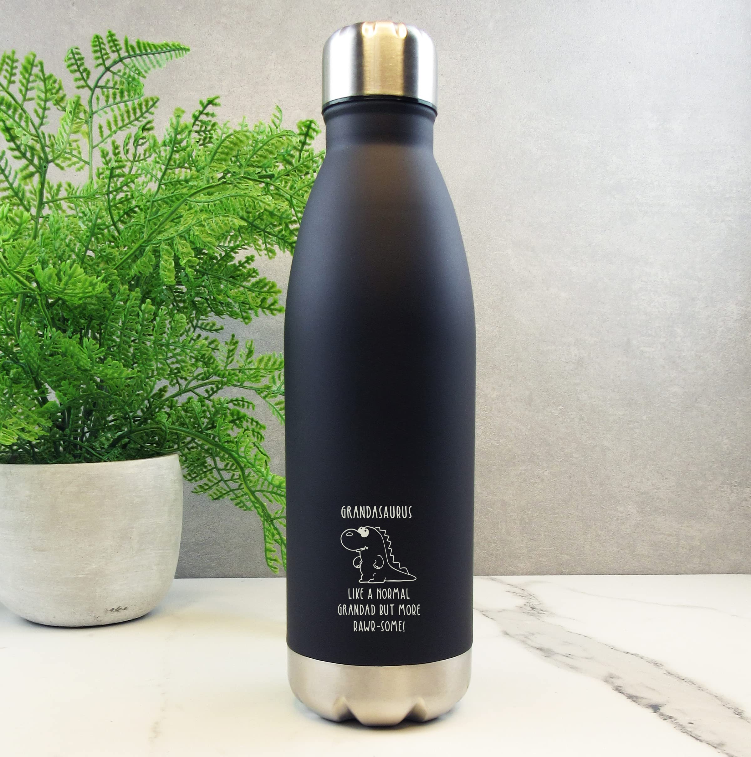 eBuyGB Grandasaurus Water Bottle, Dinosaur Bottle, Black 500ml Double Walled Insulated Drinks Bottle,Father's Day Gift, Grandad Birthday Gift, Present for Grandfather