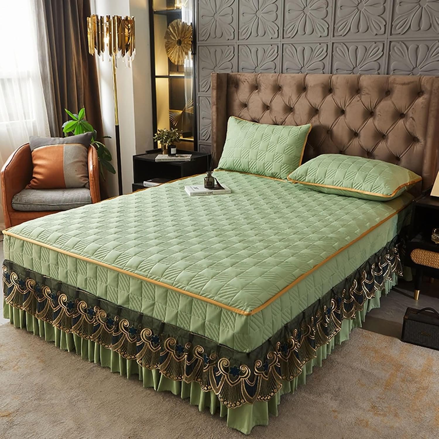 Beydodo Ruffled Bed Skirts 48 x 78 inch, Bedsheets Green Geometric Quilted with Lace, Polycotton Mattress Protector 120x200cm