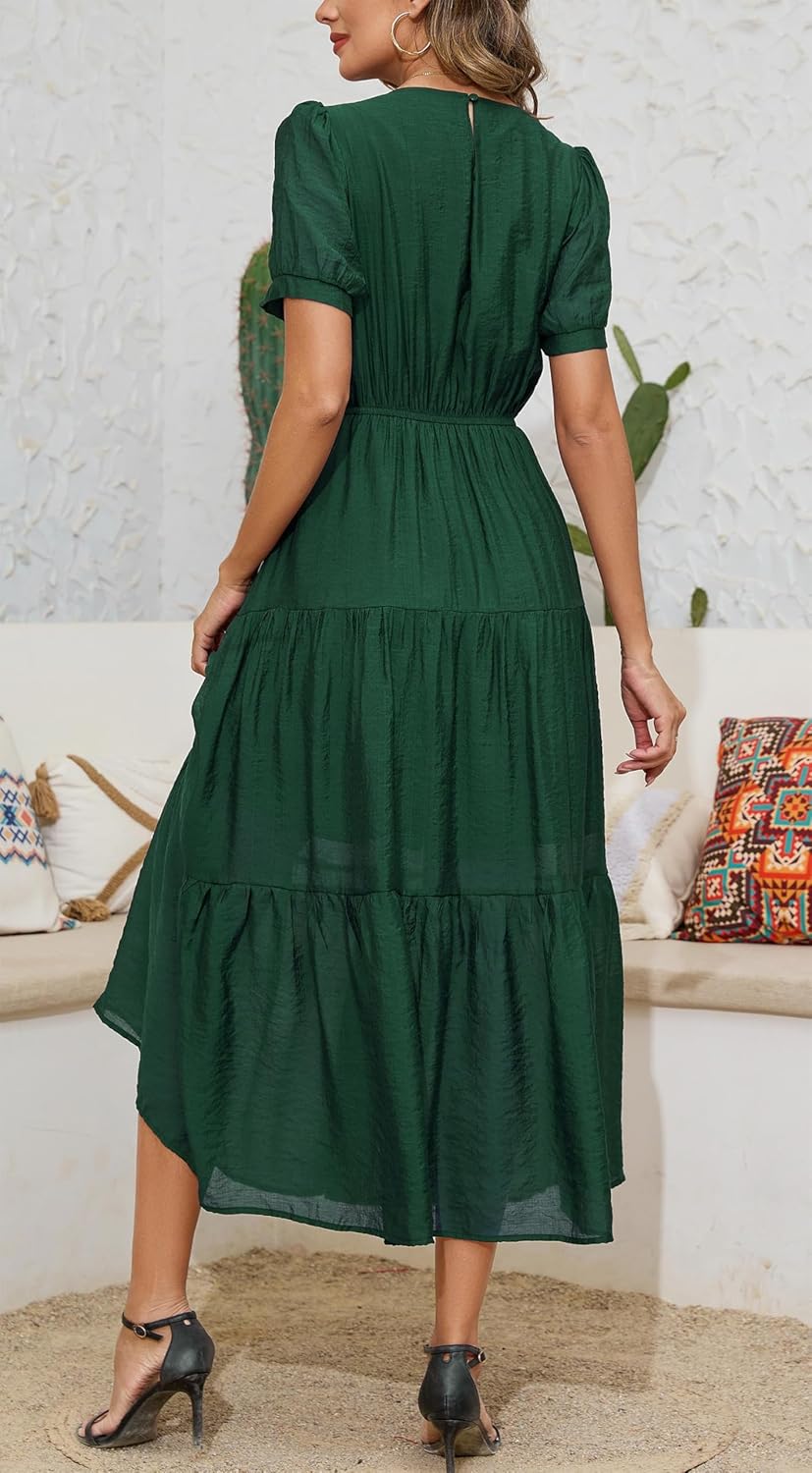 Kormei Women's Summer Casual Short Sleeve Round Neck Eastic Waist Tiered Boho Plain Beach Flowy Maxi Dress - Image 5