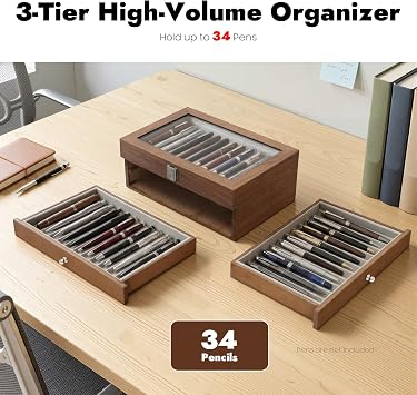 34 Slots Vintage Walnut Fountain Pen Display Case, Fountain Pen Cabinet Display, 3 Tier Wooden PenStorage Organizer with Glass Lid & Velvet Lining Pens Storage Organizer for Fountain Pens