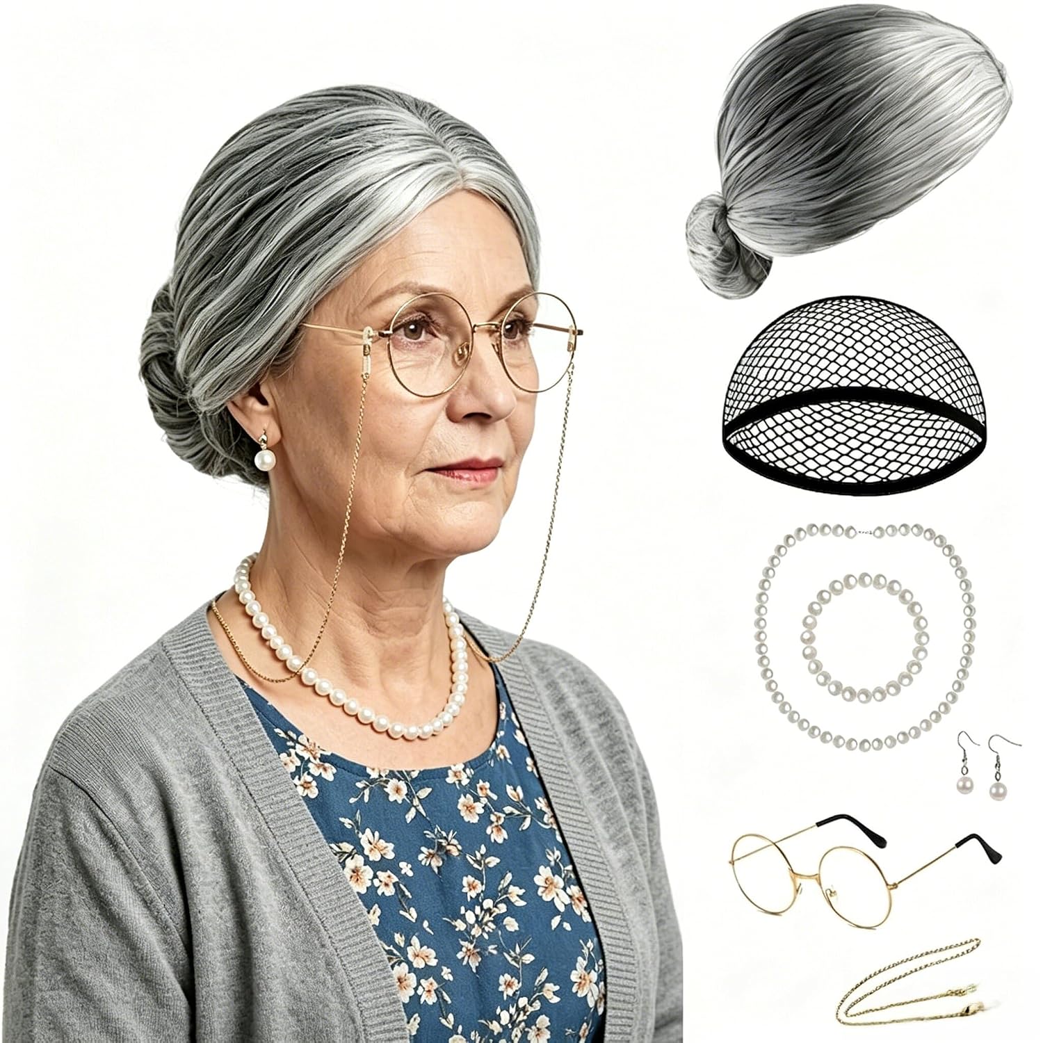 Old Lady Wig with Gray Bun - Grandma Wigs for Women, Grey Wig and Glasses, Granny Wig Costume Accessories for Dress Up (Grey Bun Wig Set)