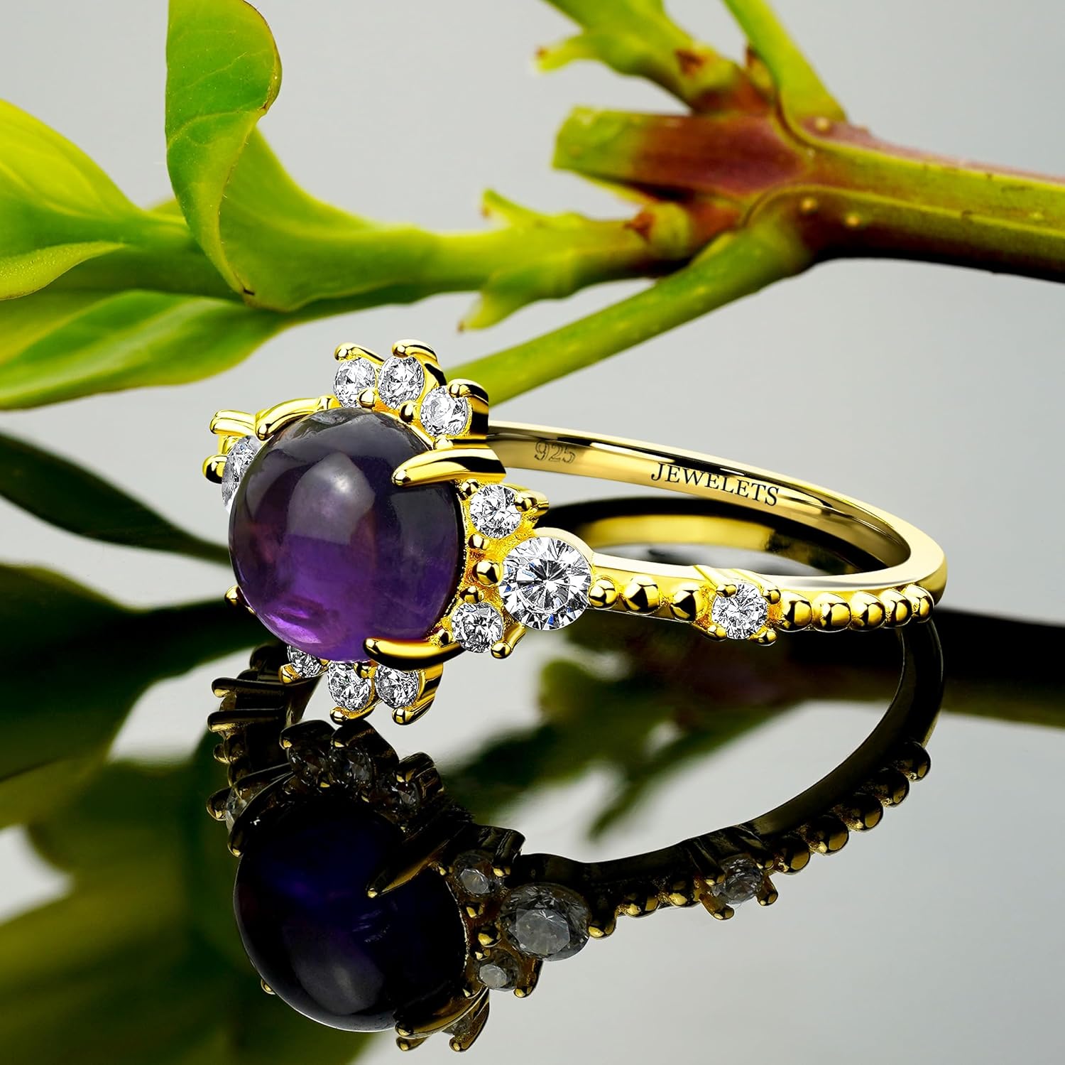 925 Silver Ring Blank – 8 mm Halo Setting with 10 CZ and 4 Side Stones, Gold Plated – Fine Jewelry for Custom Engagement or Statement Rings