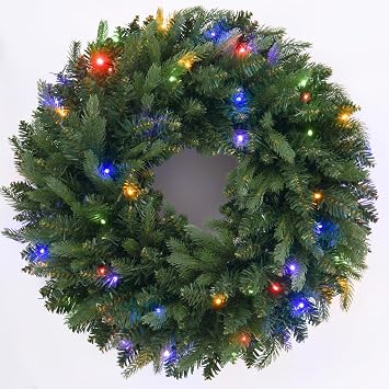 24 Inch Artificial Pre-Lit Christmas Wreath Spruce, 50 LED Warm White & Multi-Color Lights with Timer, Battery Operated, Holiday Decoration for Front Door, Outdoor