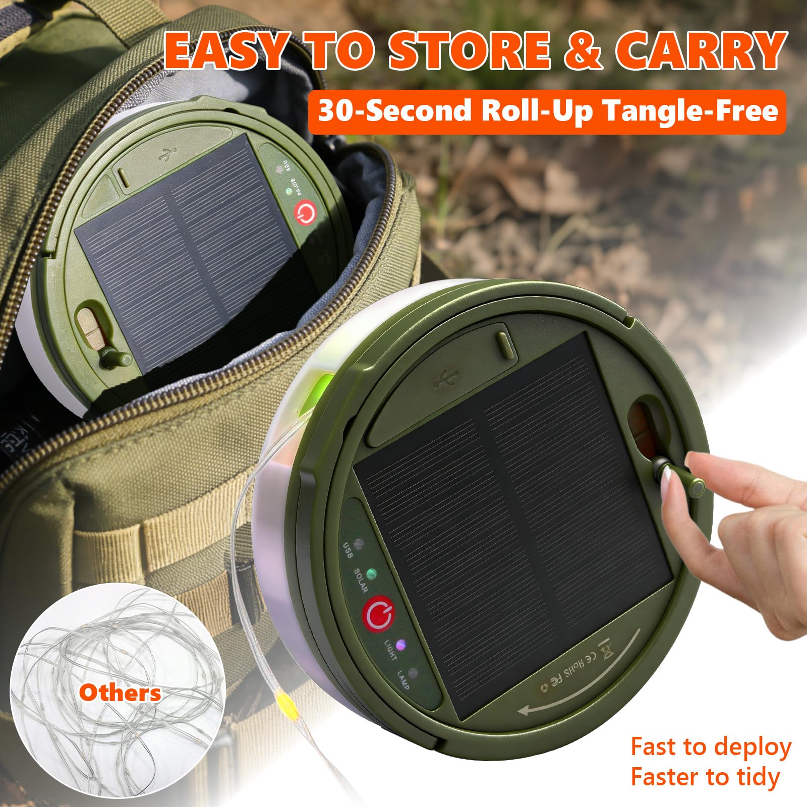 Cadena de luces de camping enrollable solar, 10 m, 3600 mAh, lámpara de camping con mando a distancia, USB, recargable, cadena de luces LED con 5 modos de iluminación, luz exterior para camping