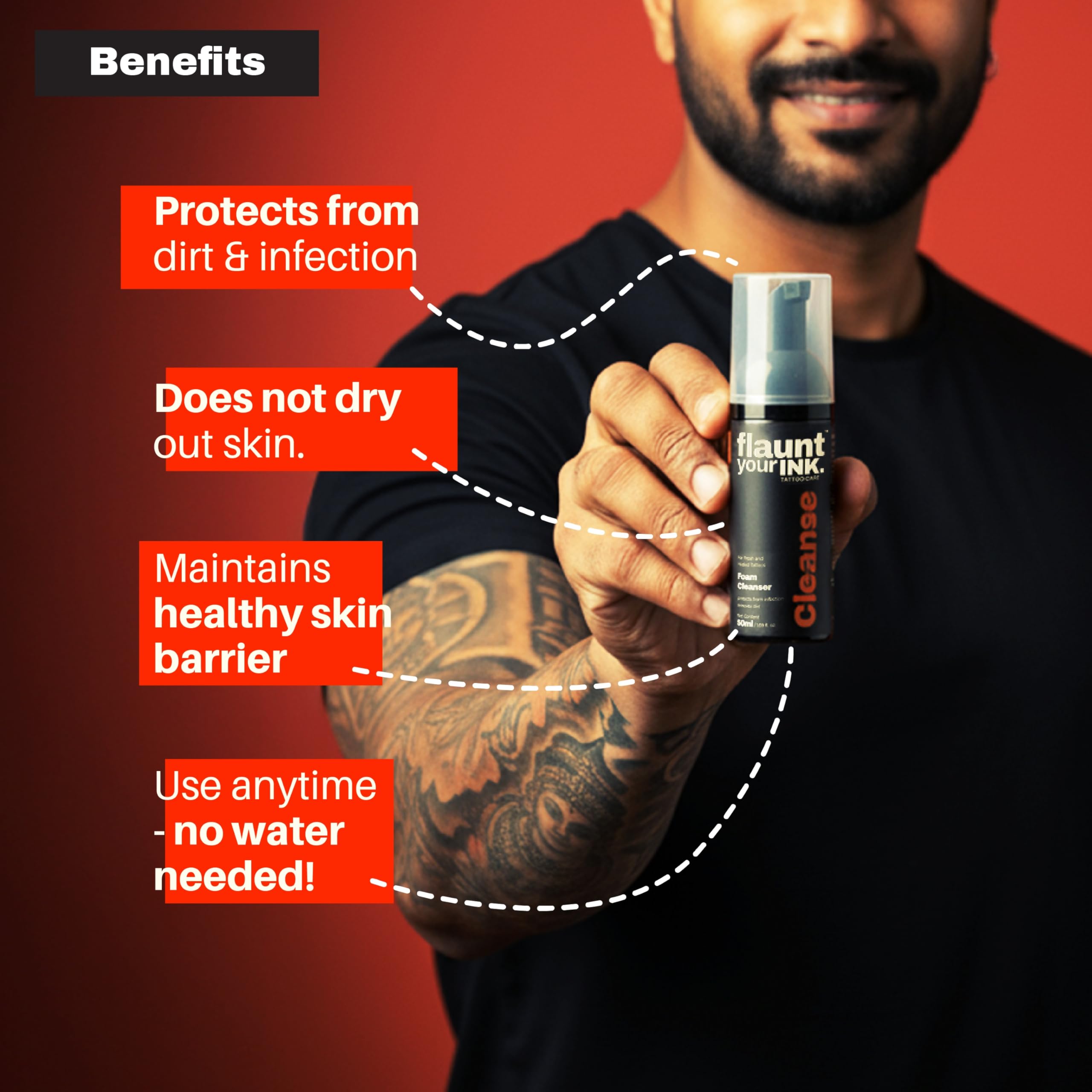 Flaunt Your Ink Tattoo Foam Cleanser | Gentle Cleansing with Dirt Removal & Infection Protection | Enriched with Niacinamide & Betaine | Ideal for Fresh Tattoos 50ml (Pack of 1) 3