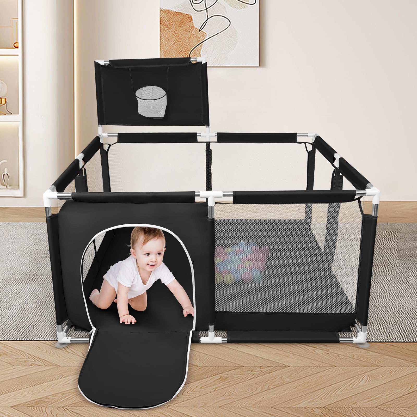Parc Bébé,d'Activité pour Enfants avec Base,Modulable,Pliable,Grand parc pour enfant en bas âge Avec Porte Zippée,Basketball Rack,Avec 4 Ventouses avec Grille de Protection-126 * 126 * 66cm-Noir