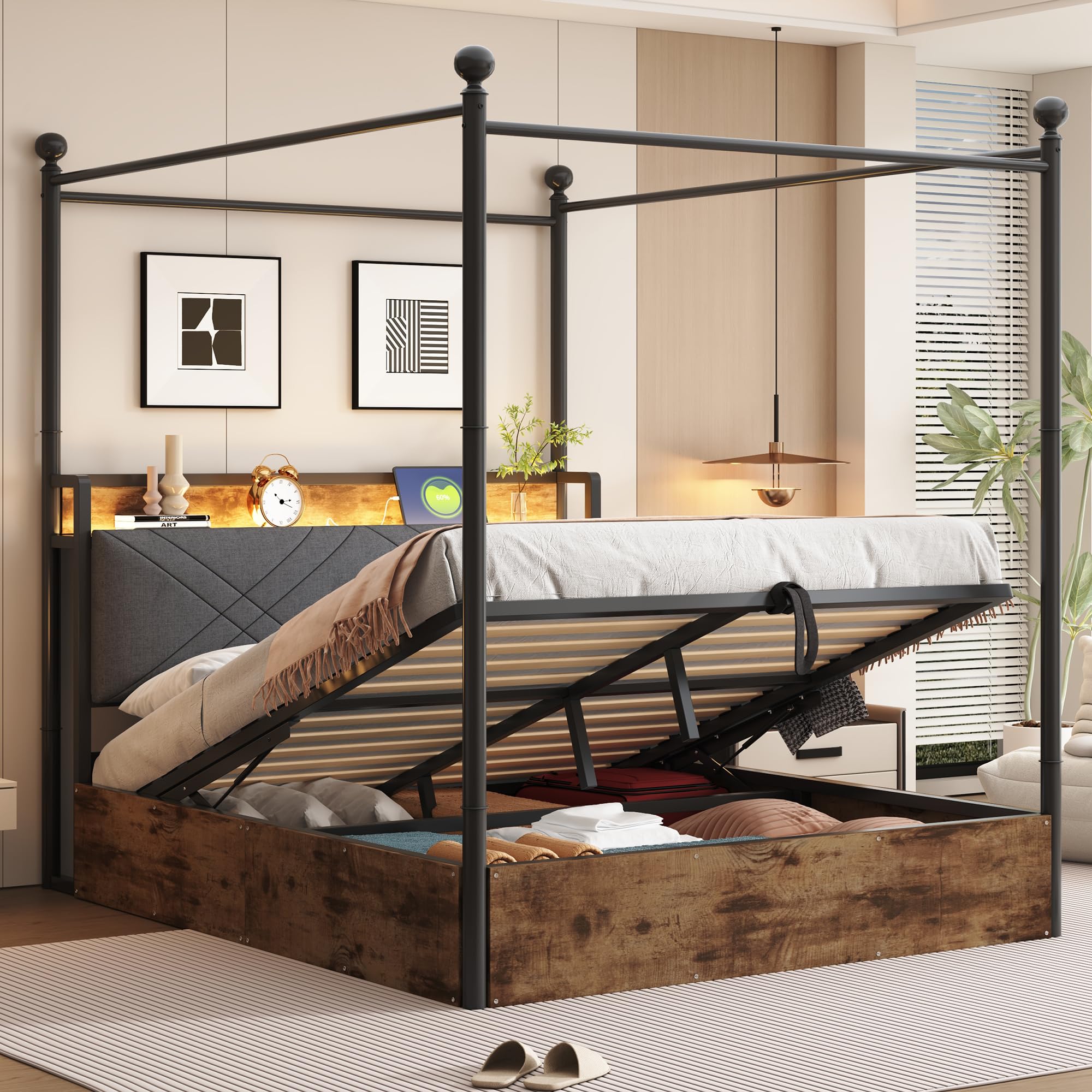 Multifunktionales Bett,mit Stauraum und schmiedeeisernem Baldachin,mit abnehmbaren Bettpfosten mit LED und USB-/Typ-C-Ladeanschlüssen,Eiseneinzelbett. (schwarz mit Hydraulisch Bettstauraum, 140*190cm)