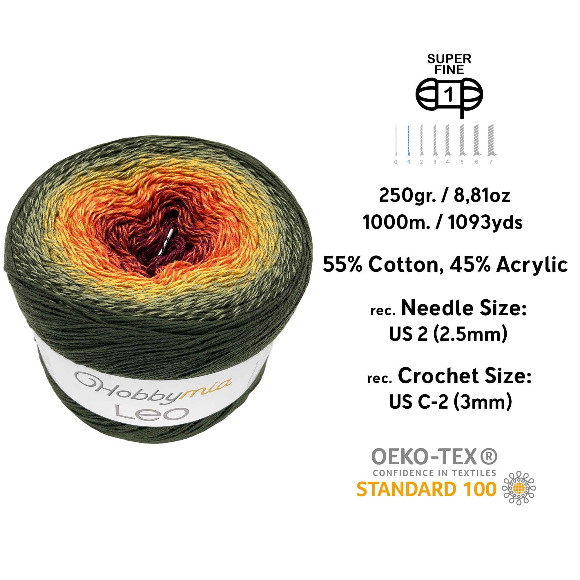 HobbyMia Leo Multicolor Gradient Ombre Yarn Cake for Knitting & Crochet - 250gr / 1094yds - (1) S.Fine, Sock, Fingering Weight Yarn (Khaki Green, Mustard, Orange, 1 Cake Yarn)