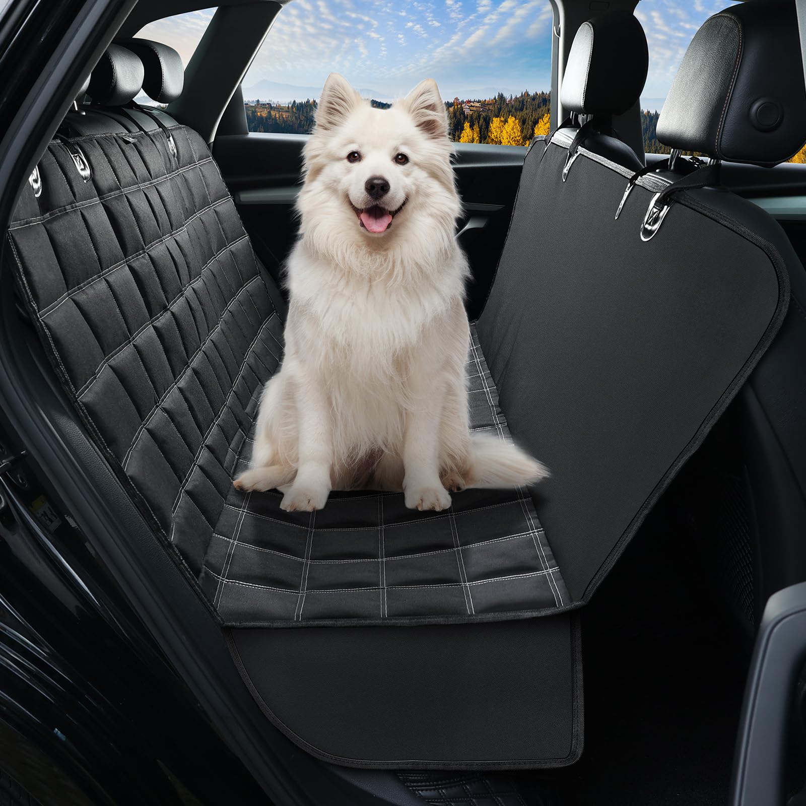 KYG Copertura per cani per sedile posteriore dell'auto 4 in 1, sedile posteriore con protezione laterale, 100% impermeabile, antigraffio e antiscivolo, per auto, camion e SUV, 135 x 147 cm, nero
