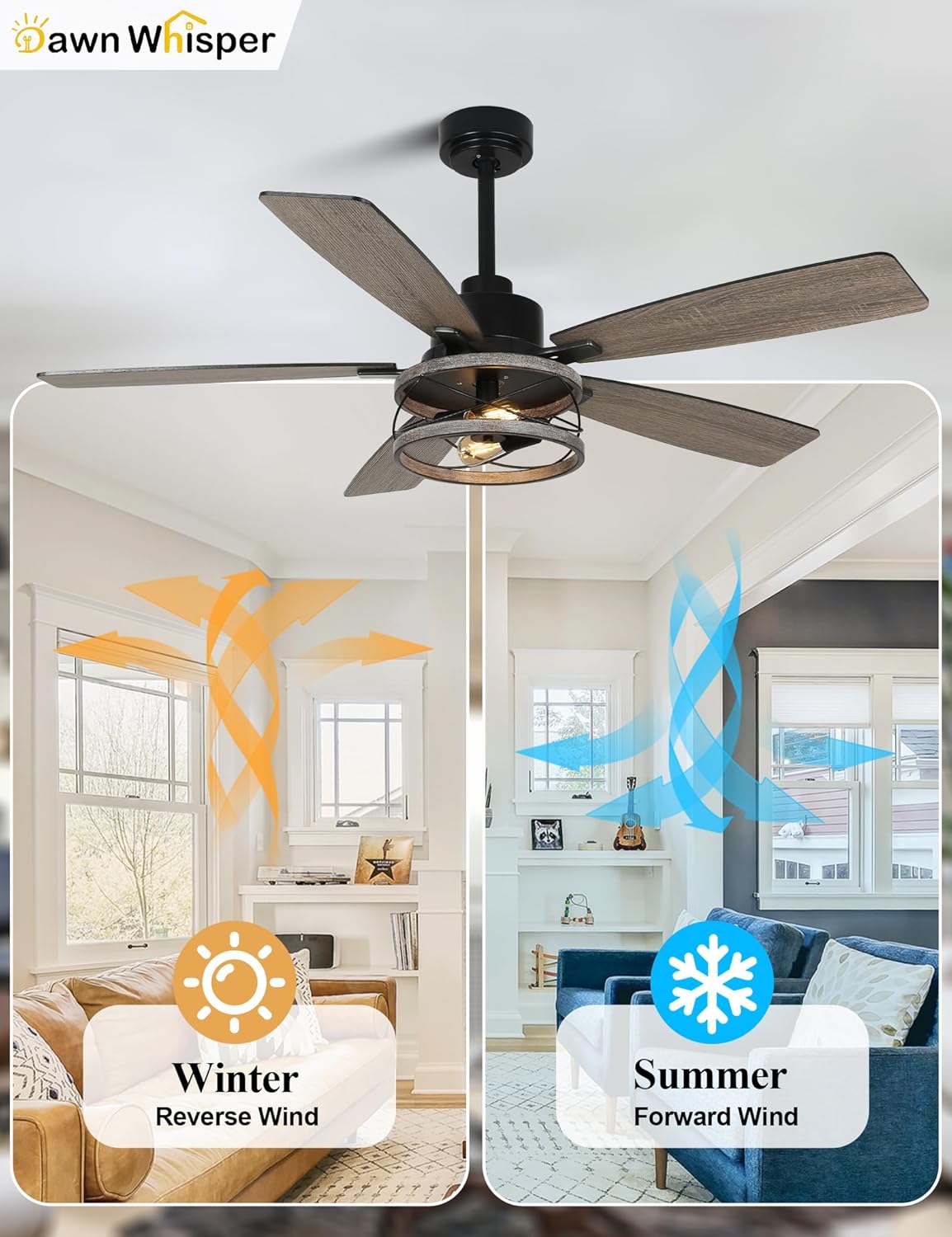 Modern Farmhouse Ceiling Fans with Lights 52 Inch Black Caged Rustic Industrial Chandelier Fan for Bedroom Living Room Reversible Quiet DC Motor 6 Speeds