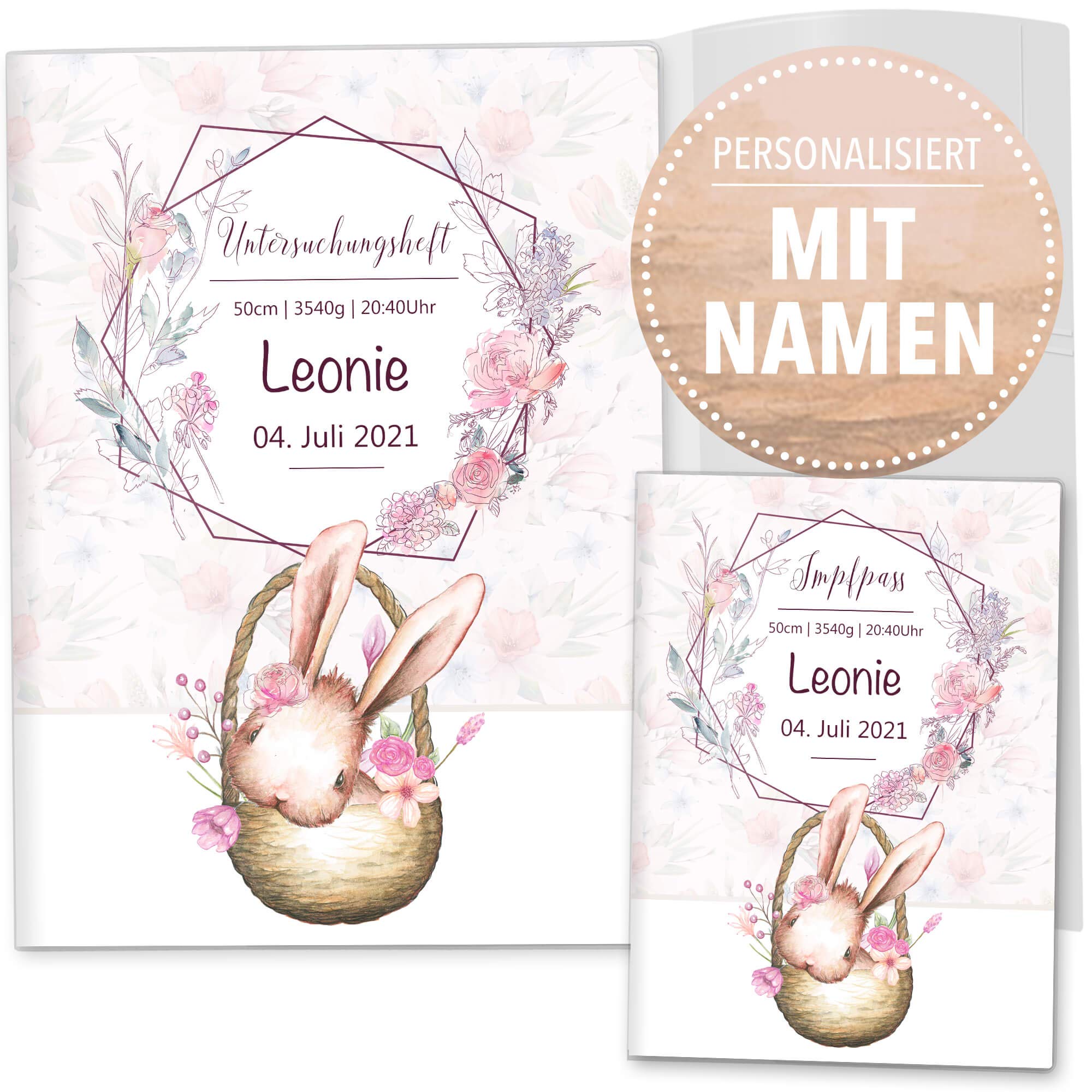 OLGS U-Heft-Hülle inkl. Impfpass Hülle 3-teiliges Set Cute Bunny Hase | Untersuchungsheft- & Impfpasshülle schöne Geschenkidee mit Namen & Geburtsdatum (Uhefthüllen personalisiert, Fiona)