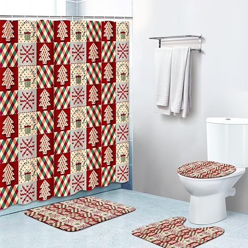 Juego de cortinas de ducha de 4 piezas, diseño geométrico retro vintage de invierno con alfombras antideslizantes, cubierta para tapa de inodoro y
