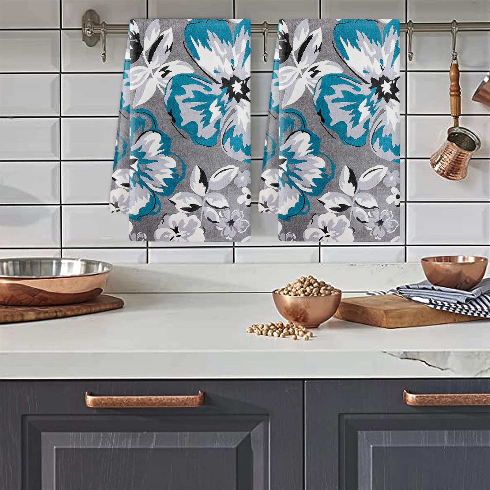 Strofinacci Cucina Fiore Grigio Blu Canovacci Cucina Assorbente Microfibra Morbido e Lavabile Asciugamani Cucina Decorativi per Bagno Ristorante 4 Pezzi (40x60 cm)