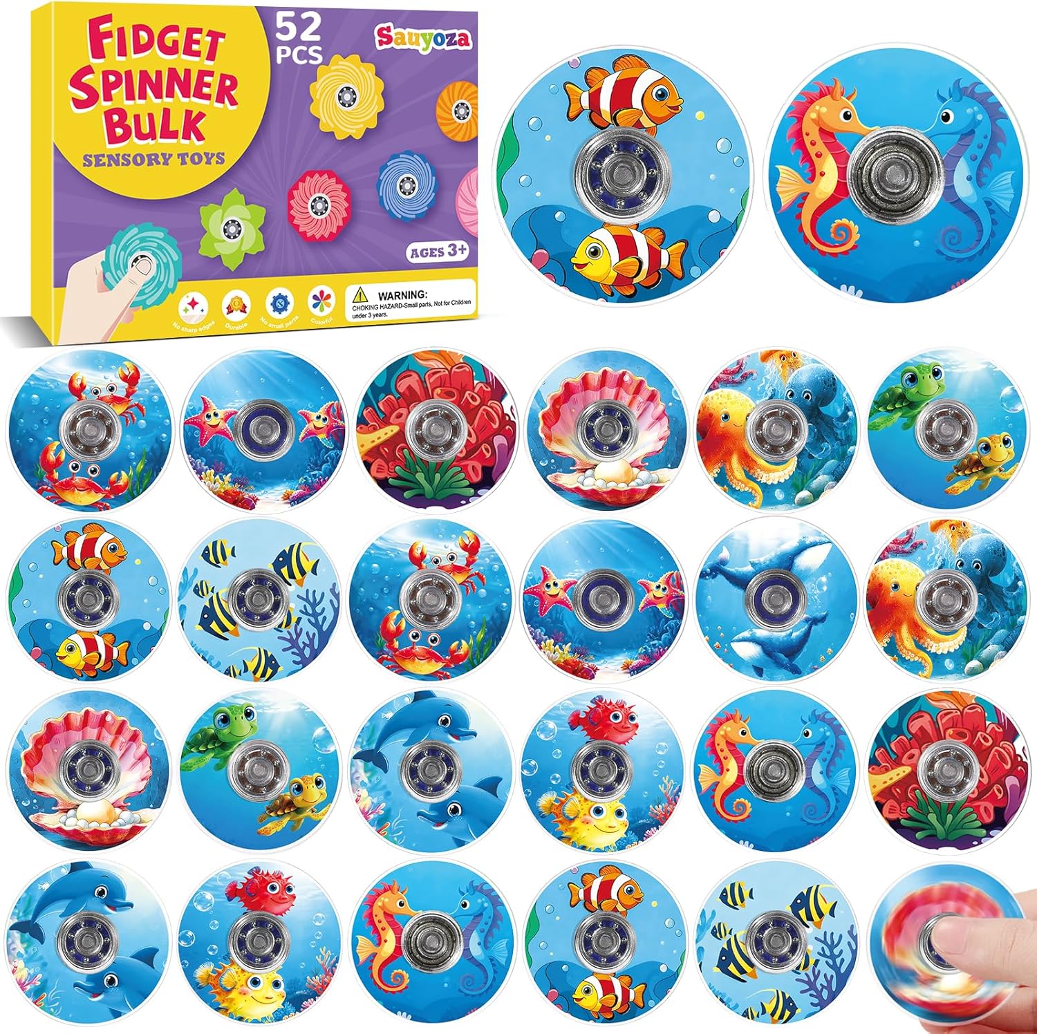 52Pcs Ocean Fidget Spinning, Under The Sea Party Favors for Kids, Bulk Sea Animal Birthday Party Supplies, Beach Themed Goodie Bag Stuffers, Sensory Classroom Rewards Treasure Box Prizes