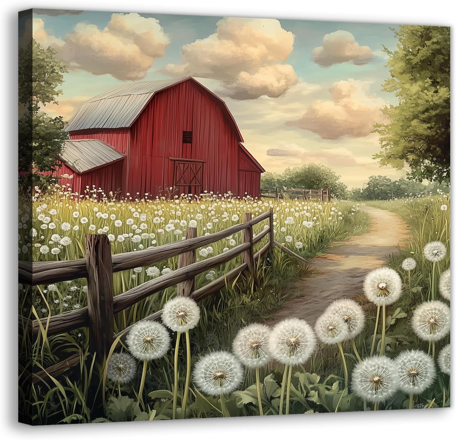 Rustic Farmhouse Canvas Wall Art Red Barn Pictures Print Country Nature Landscape Posters Prints Dandelion Field Paintings for Living Bedroom Framed(Artwork-2,12"x12")