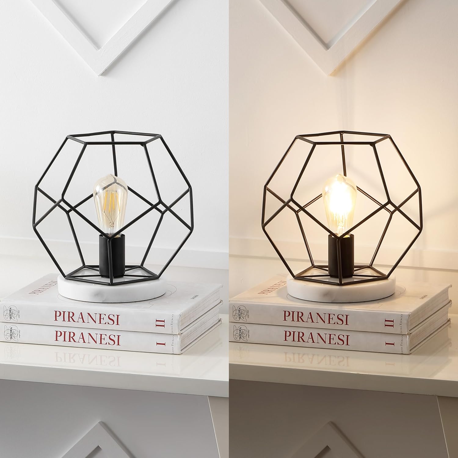 JONATHAN Y 10" Black/White Geometric Table Lamp, Midcentury Modern Metal Desk Lamp for Living Room Bedroom, White Marble Base, Glam Bedside Nightstand Light with LED Bulb (JYL1047C)