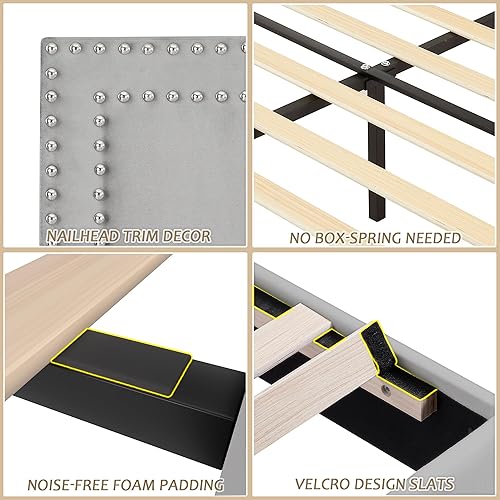 Miniatura 262 de VECELO Base de cama de tamaño matrimonial con cabecera tapizada ajustable, plataforma de listones de madera, diseño sin ruido, fácil montaje Negro