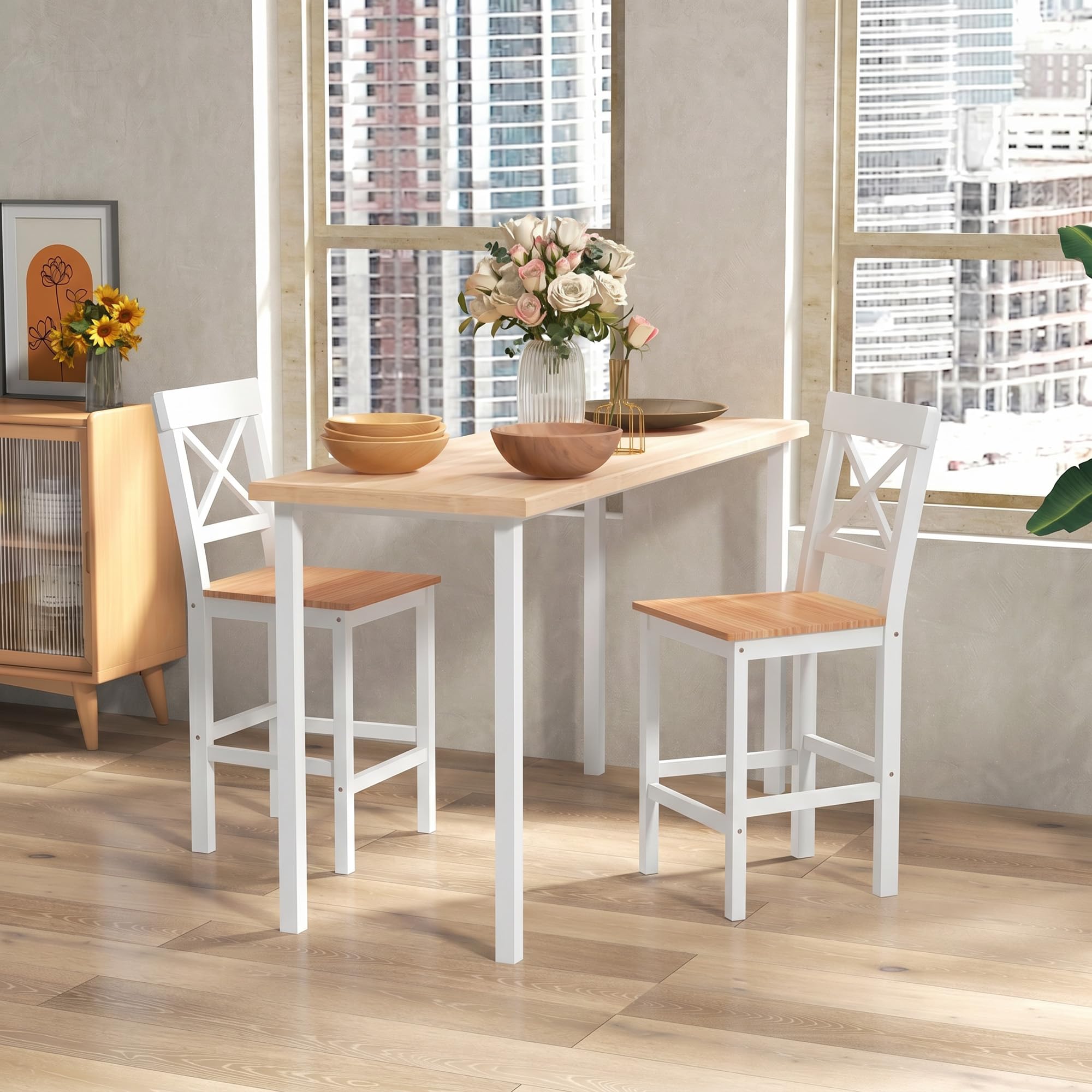 HOMCOM Conjunto de 2 Taburetes de Bar Altura Asiento 60,2 cm Taburetes de Cocina de Madera con Respaldo y Reposapiés Carga 120 kg para Comedor Salón Natural y Blanco