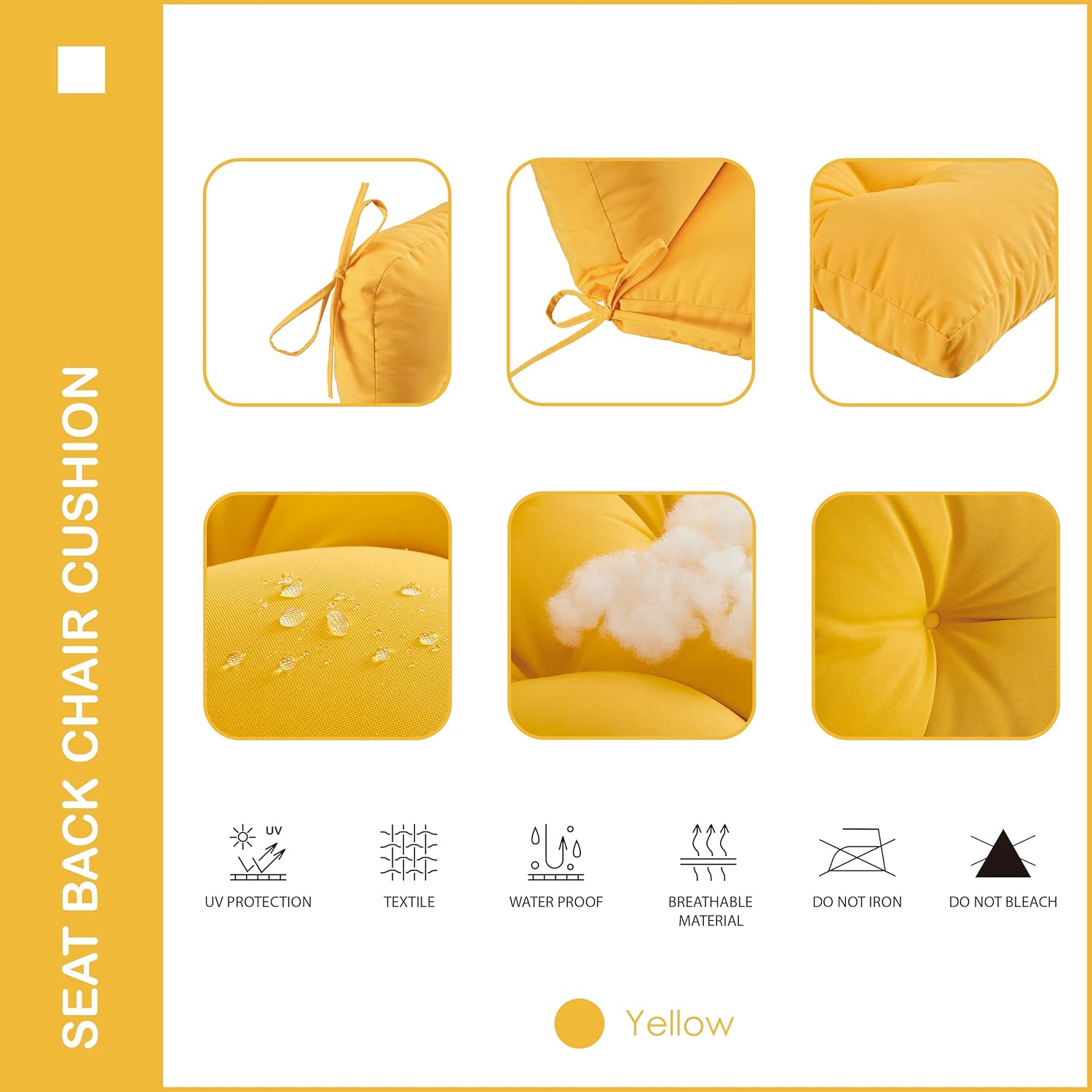 Outdoor Indoor Seat/Back Chair Tufted Cushion,All-Weather Patio Chair Cushion with Ties,for Patio Furniture,Yellow