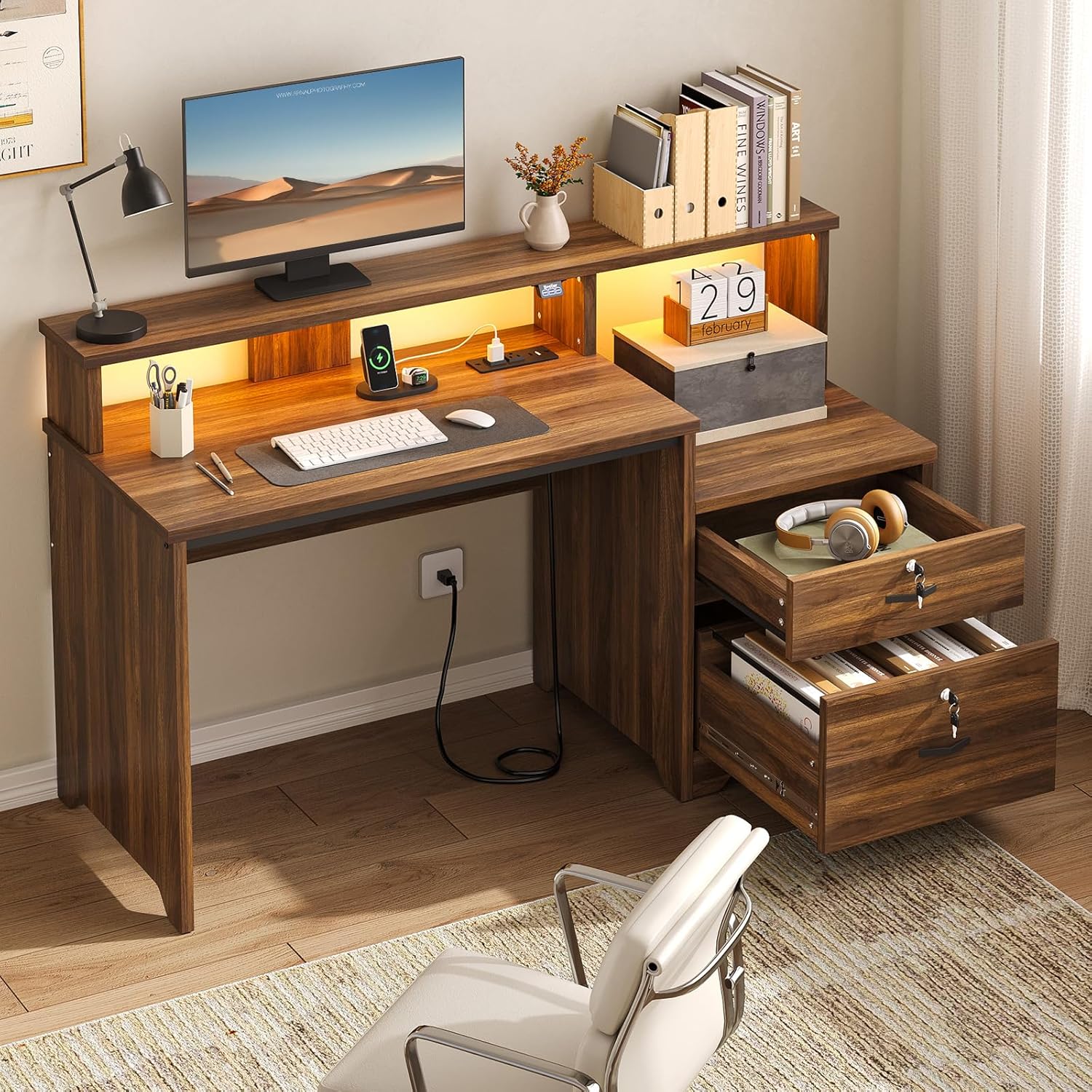 Bestier 55 Inch Wood Computer Desk with Lockable File Drawer, Charging Station & LED Lights - Home Office Desk with Storage Shelves, Printer Shelf & Monitor Stand, Wooden Desk for Study & Work, Walnut