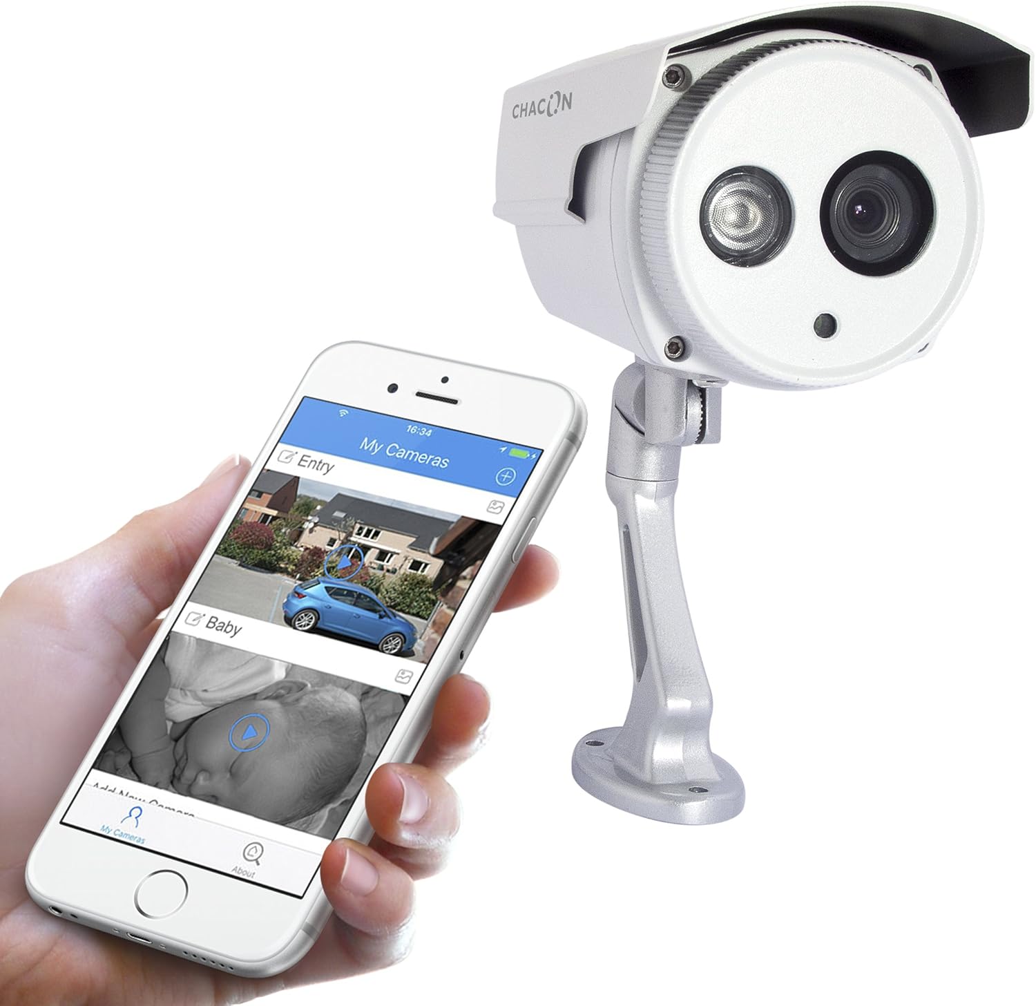 Chacon 34548 camera next to a smartphone displaying the Chacon app interface