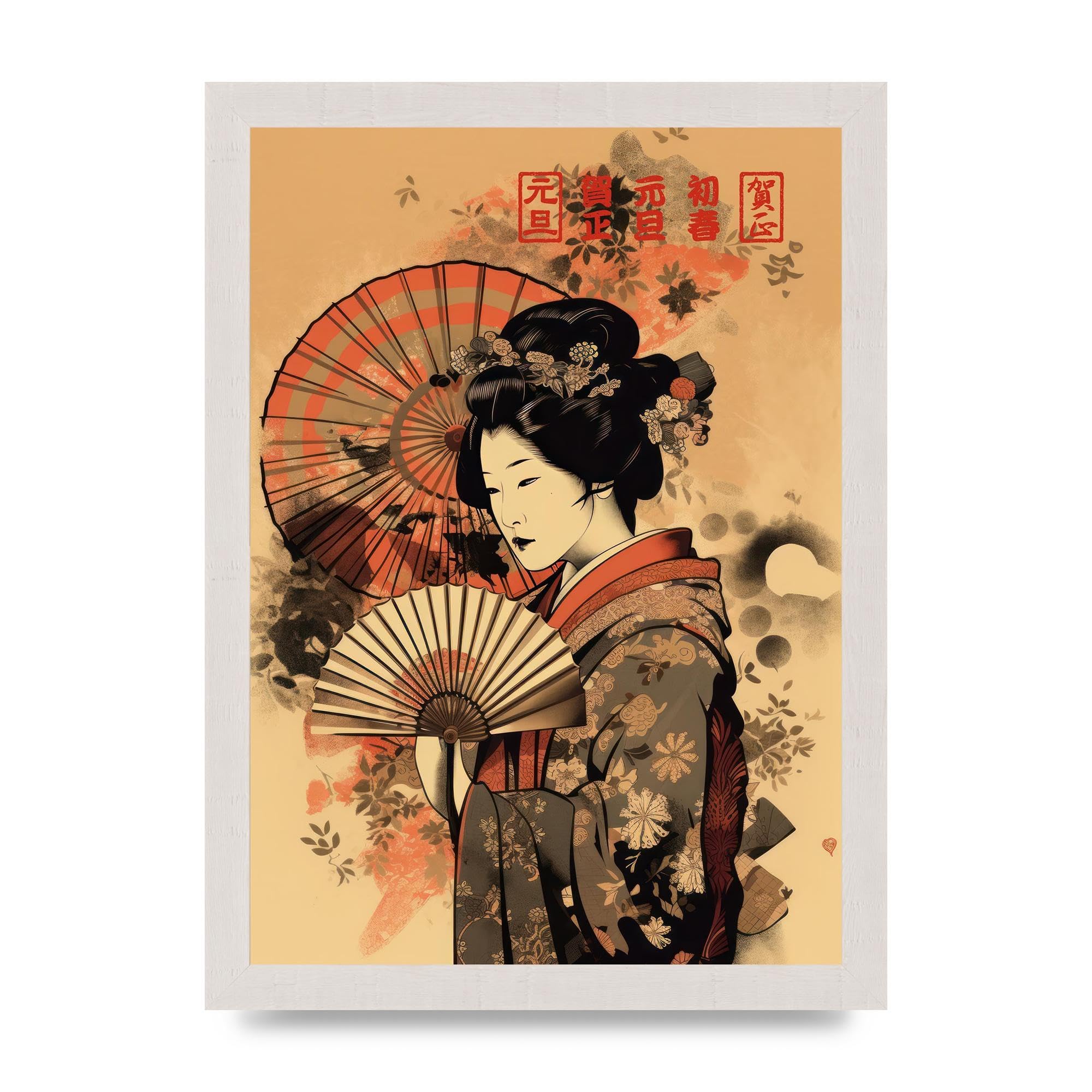 Lithobee - Japanese Geisha Fan 2D Portrayal Home Wall Art Prints - A4 White Saw Cut Grain Frame