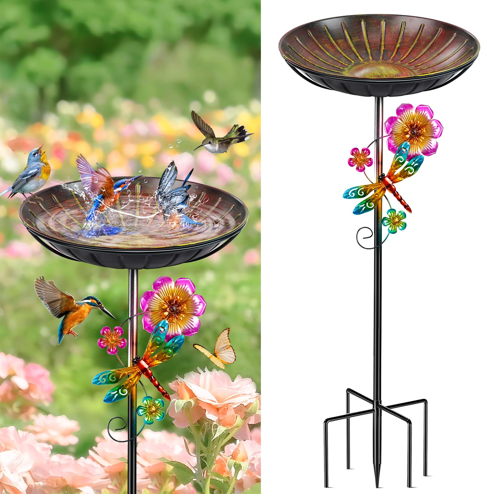 Vogeltränke Stehend 96cm, Vogelbad für Draußen Garten, Metall Futter Schale mit Stabiler 5-Zinken-Basis, Wassertränke für Vögel Vogeltränke Groß Winterfest Frostsicher (Antike Rot-Gelb)