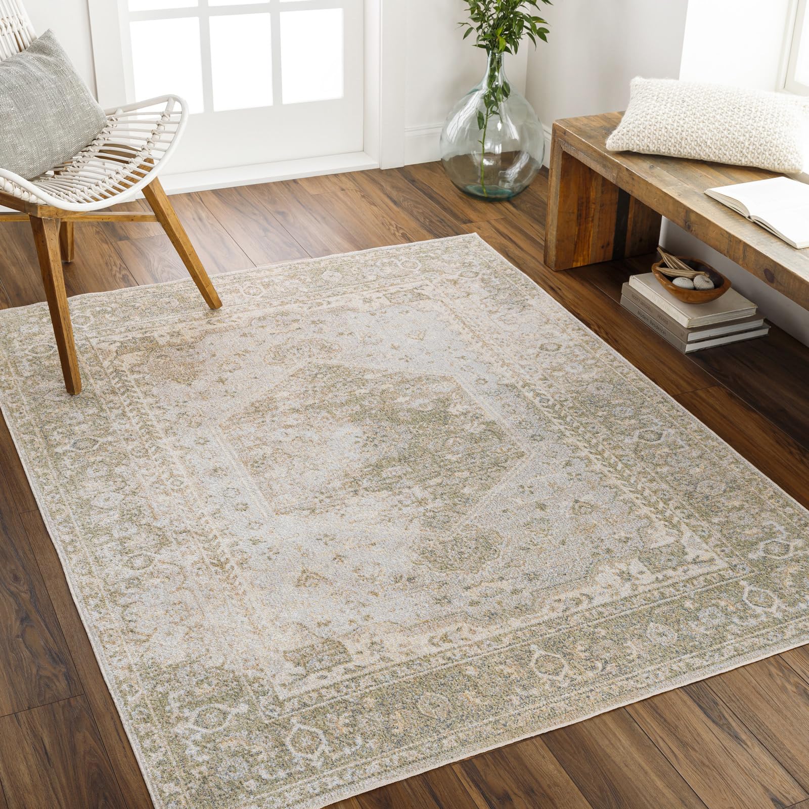 Livabliss Al Khor de Salon, Salle à Manger, Chambre, Cuisine - Lavable en Machine, Poil Court - Vintage Ethnique, Boheme Chic, Coloré Oriental, 160x213 cm - Gris, Bleu