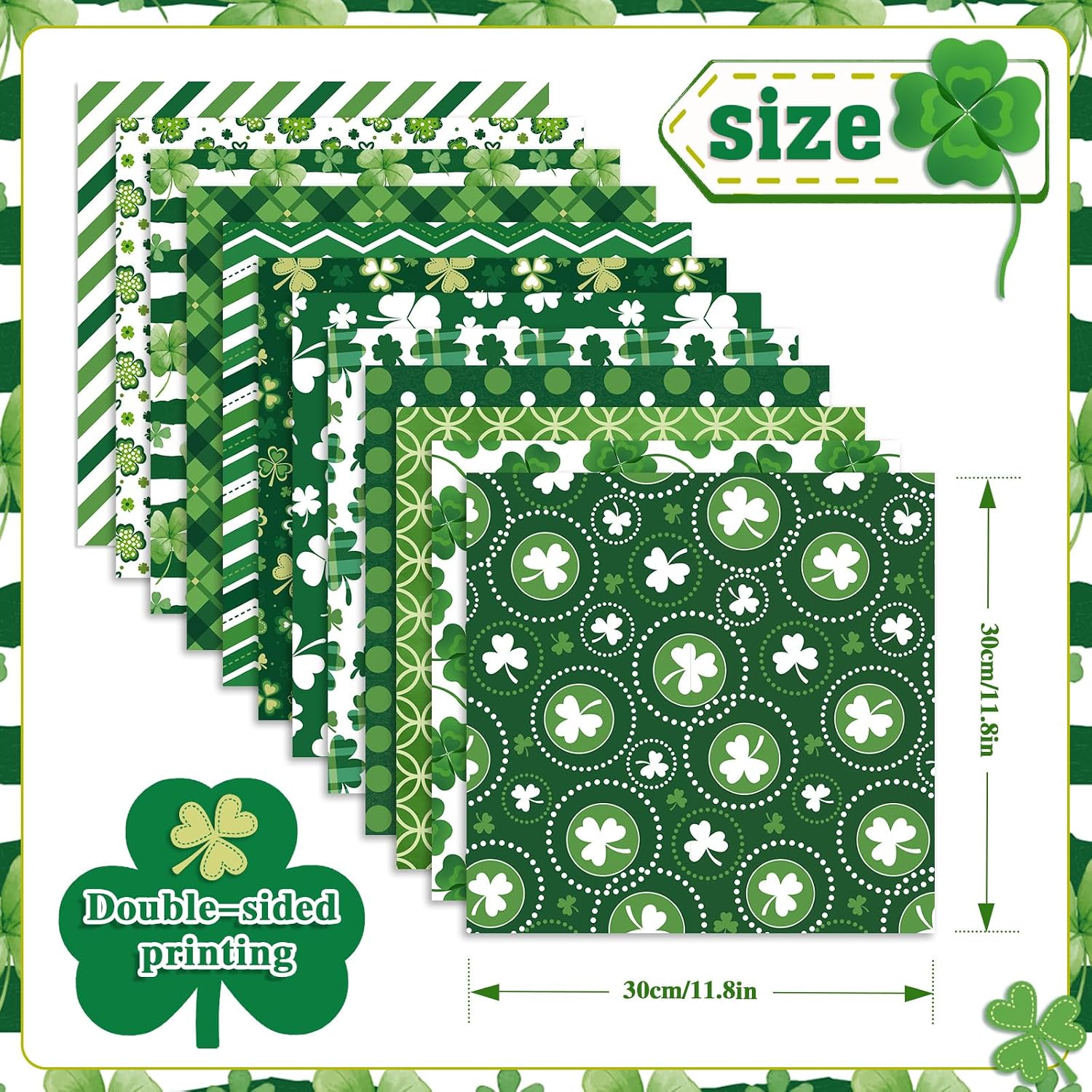 Konsait 24 Sheets St. Patrick's Day Scrapbook Paper 12x12, Double Sided Green Shamrock Pattern Paper St. Patrick's Day Decorative Cardstock Shamrock Origami Papers for Card Making Scrapbook Supplies