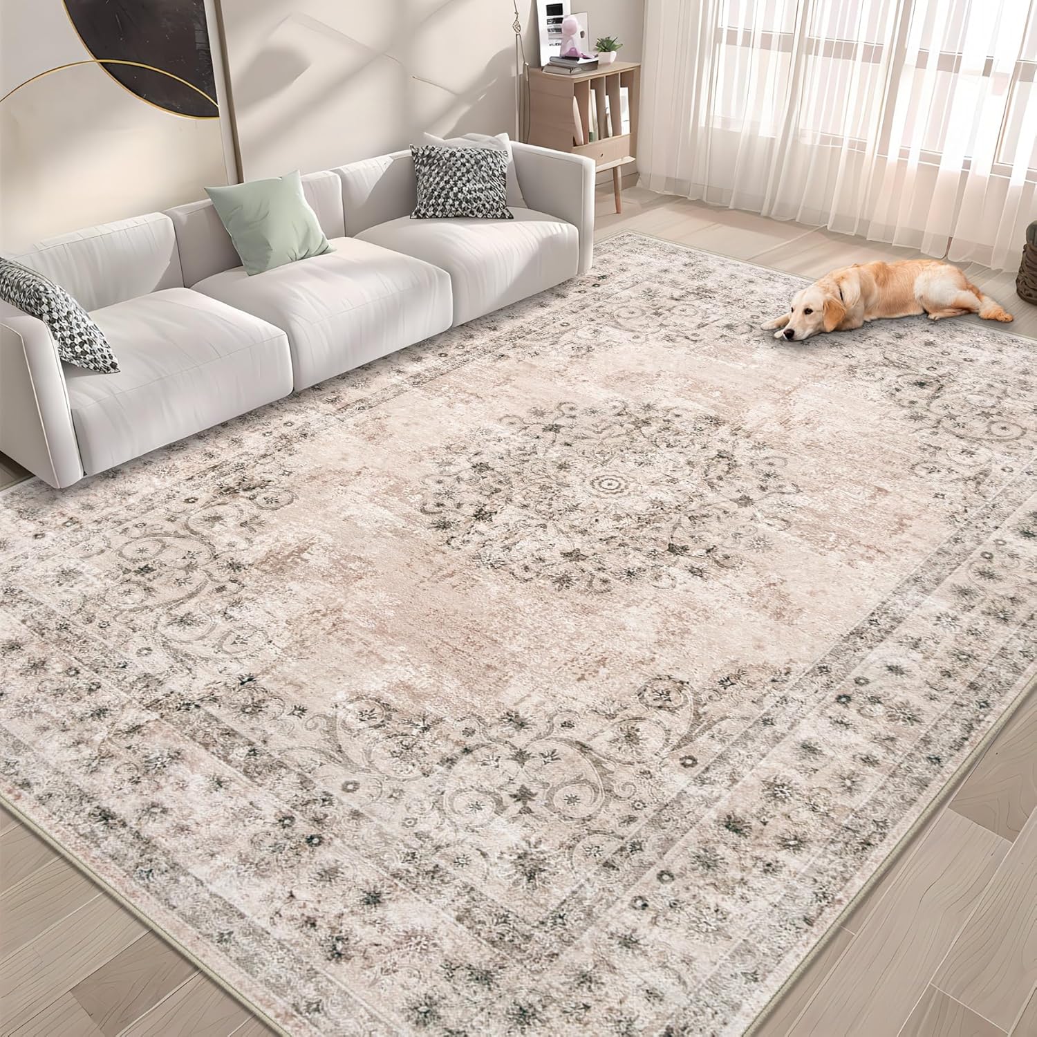 Area Rug 6x9 Vintage Rug: Washable Indoor Medallion Rugs Low Pile Distressed Floor Carpet Retro Accent Rug for Living Room Bedroom Kitchen Dining Table Home Office(Distressed Brown, 6'x9')