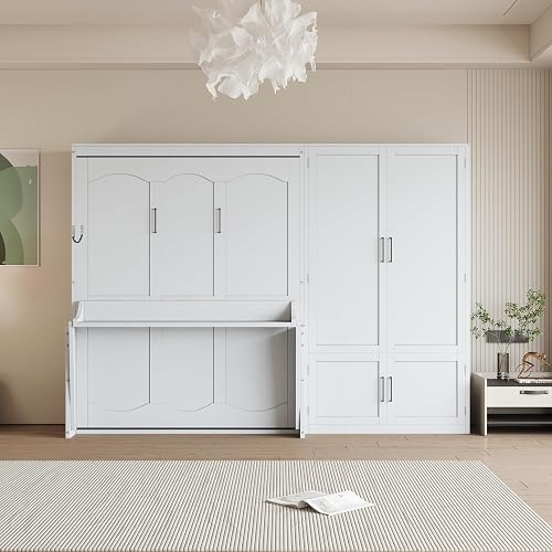 Ball & Cast Murphy Bed Queen Size Wall Bed with Built-in Wardrobe Storage and Hydraulic Lift System,Wood Hideaway Cabinet Platform Bedframe w/Slat Support & Lock,can be Folded,for Small Room,White