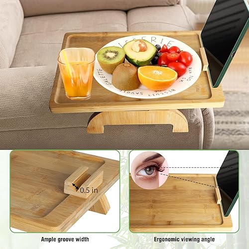 Miniatura 6 de Mesa de bambú con bandeja de brazo para sofá, mesa auxiliar con clip para sofá ancho con soporte giratorio de 360, bandeja plegable para