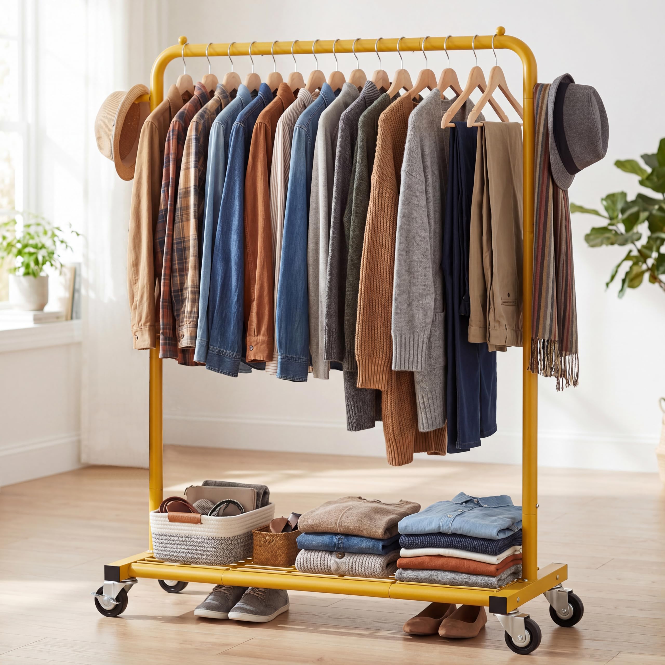 Sywhitta - Perchero con ruedas y estante inferior de malla, estructura metálica resistente, para ropa, abrigos y faldas, 101 x 40,6 x 164 cm (largo x ancho x alto), dorado