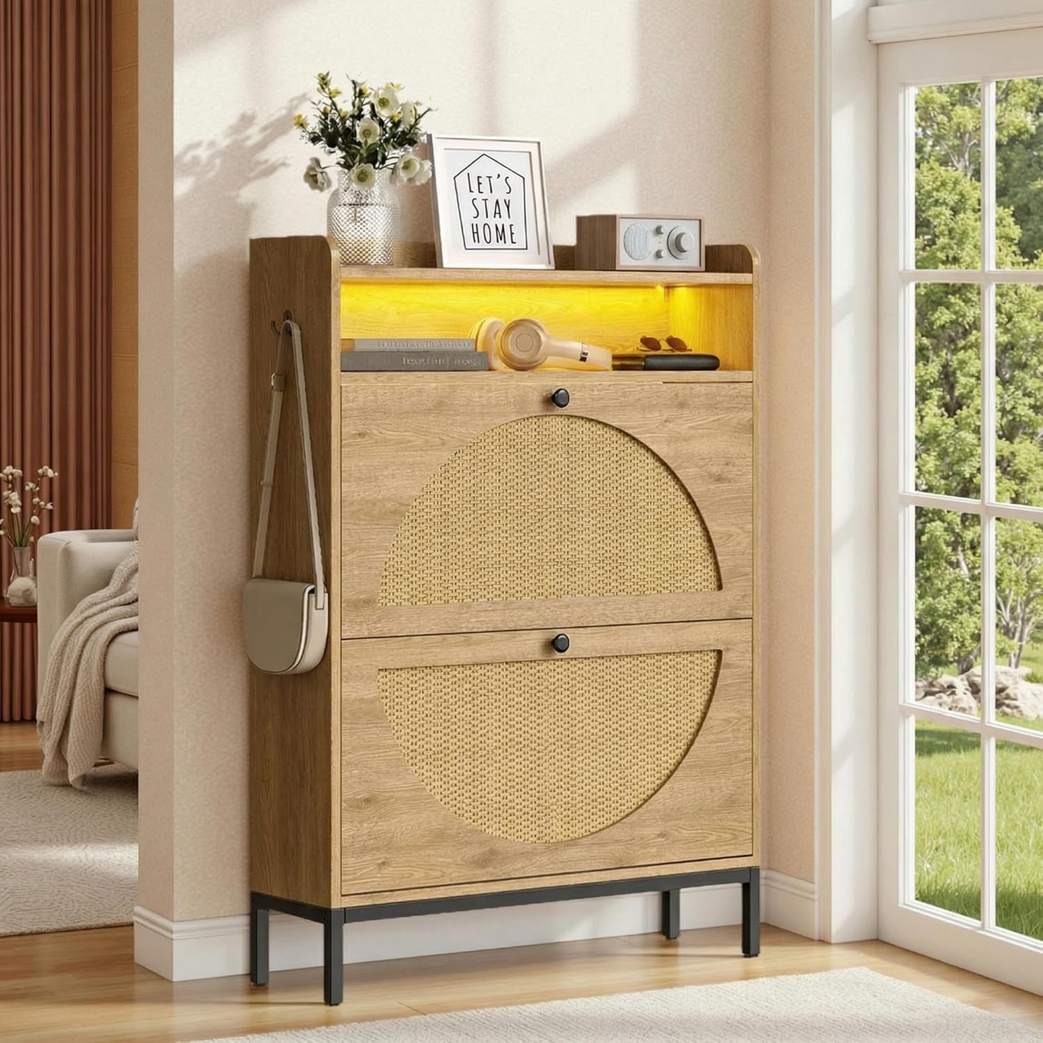 IRONCK Shoe Storage Cabinet with 2 Flip Drawers, Narrow Shoe Cabiet with Rattan Doors and LED, Free Standing Wood Shoe Rack Storage Organizer with Open Storage for Entryway