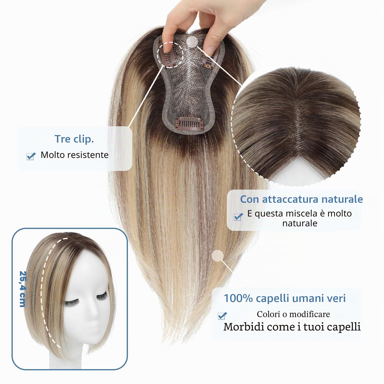 Topper per capelli veri parrucche corte per donne con corona, 100% capelli umani clip in, topper leggero (2T