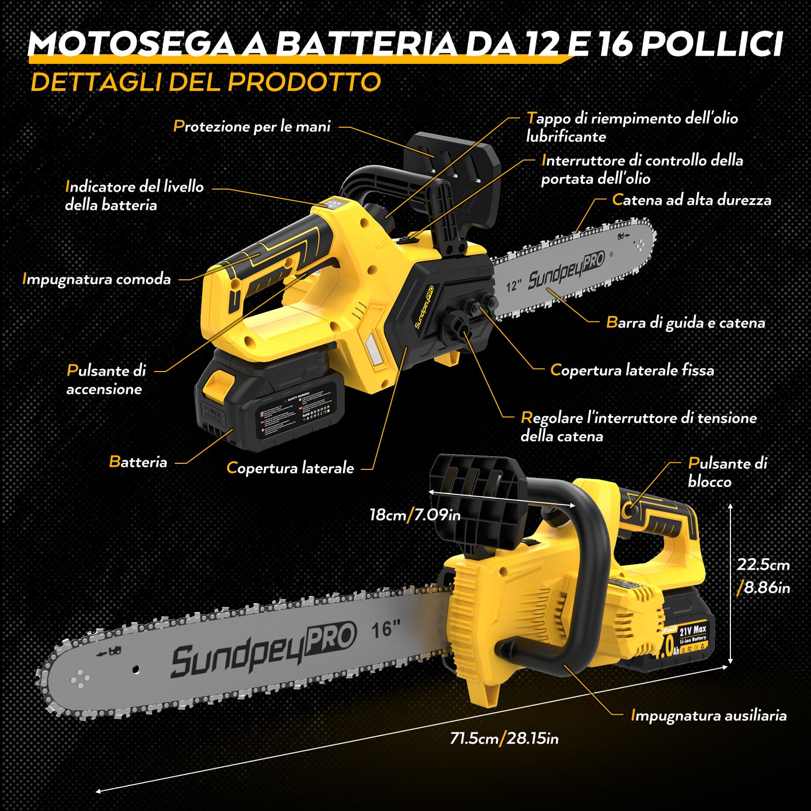 Motosega Elettrica a Batteria, 12+16 Pollici Brushless Motosega Senza Fili con 2x4,0Ah Batterie, 5 Sicurezza Funzioni, Sistema Lubrificazione Automatica, per Potatura e Taglio Alberi Legno