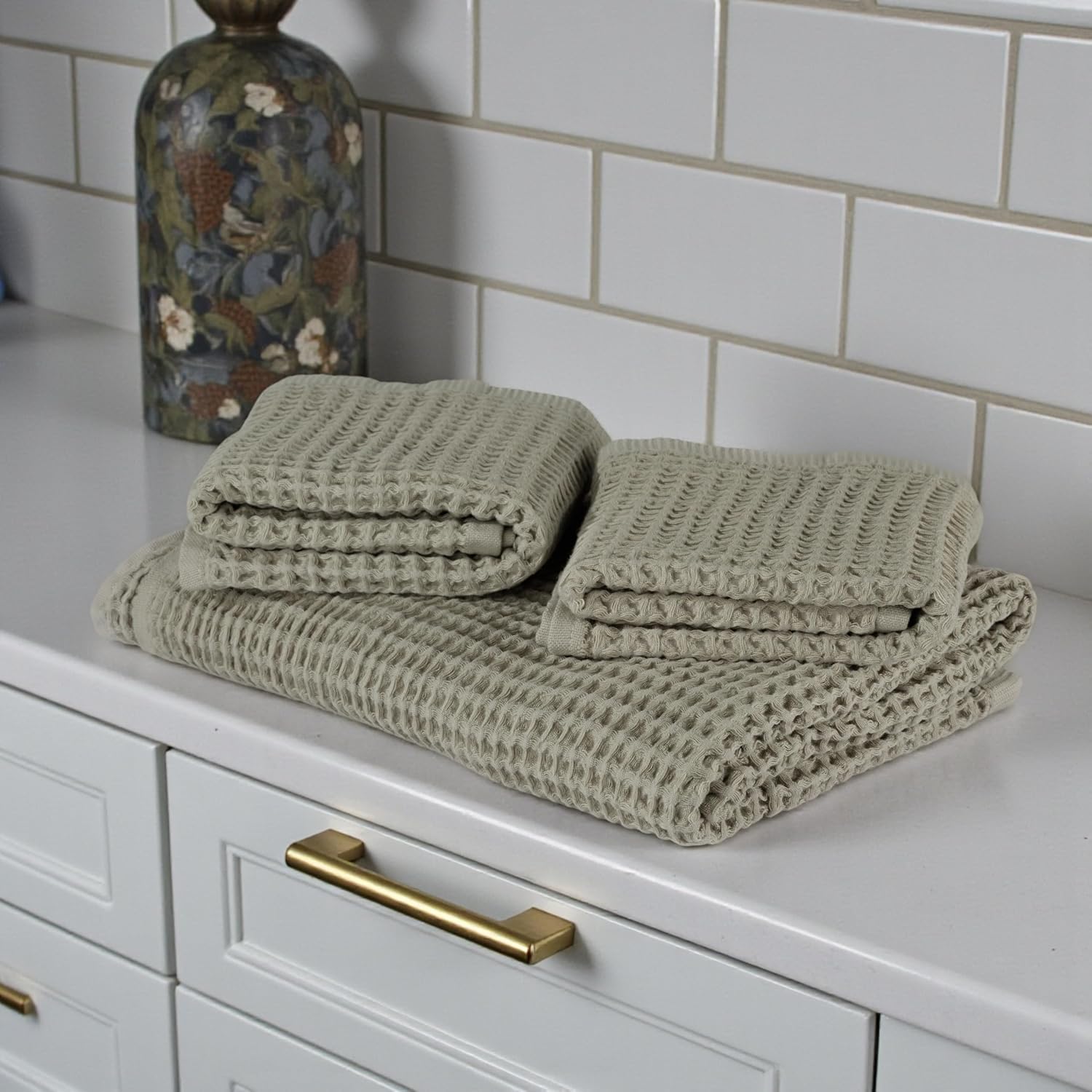 DEMMEX Organic Cotton Waffle Turkish Hand Towels for Bathroom & Kitchen, Large 20x30 in, 100% Oeko-TEX Certified Ultra Soft Turkish Cotton, Lightweight Quick Dry Waffle Weave, Set 2 (Beige/Light Tan)