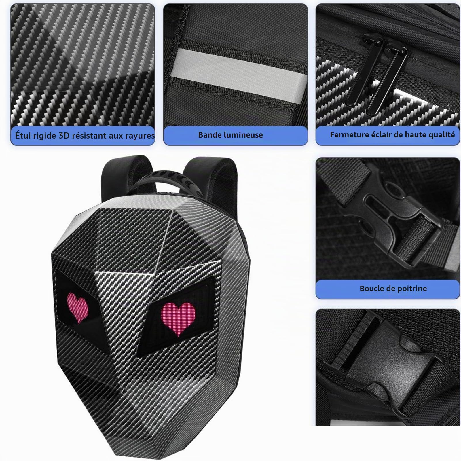 Bewinner Sac à Dos LED Moto texturé en Fibre de Carbone – Sac à Dos de Moto Homme à Coque Rigide 3D avec écran Numérique Programmable, Sac de Casque D'équitation étanche pour L'extérieur