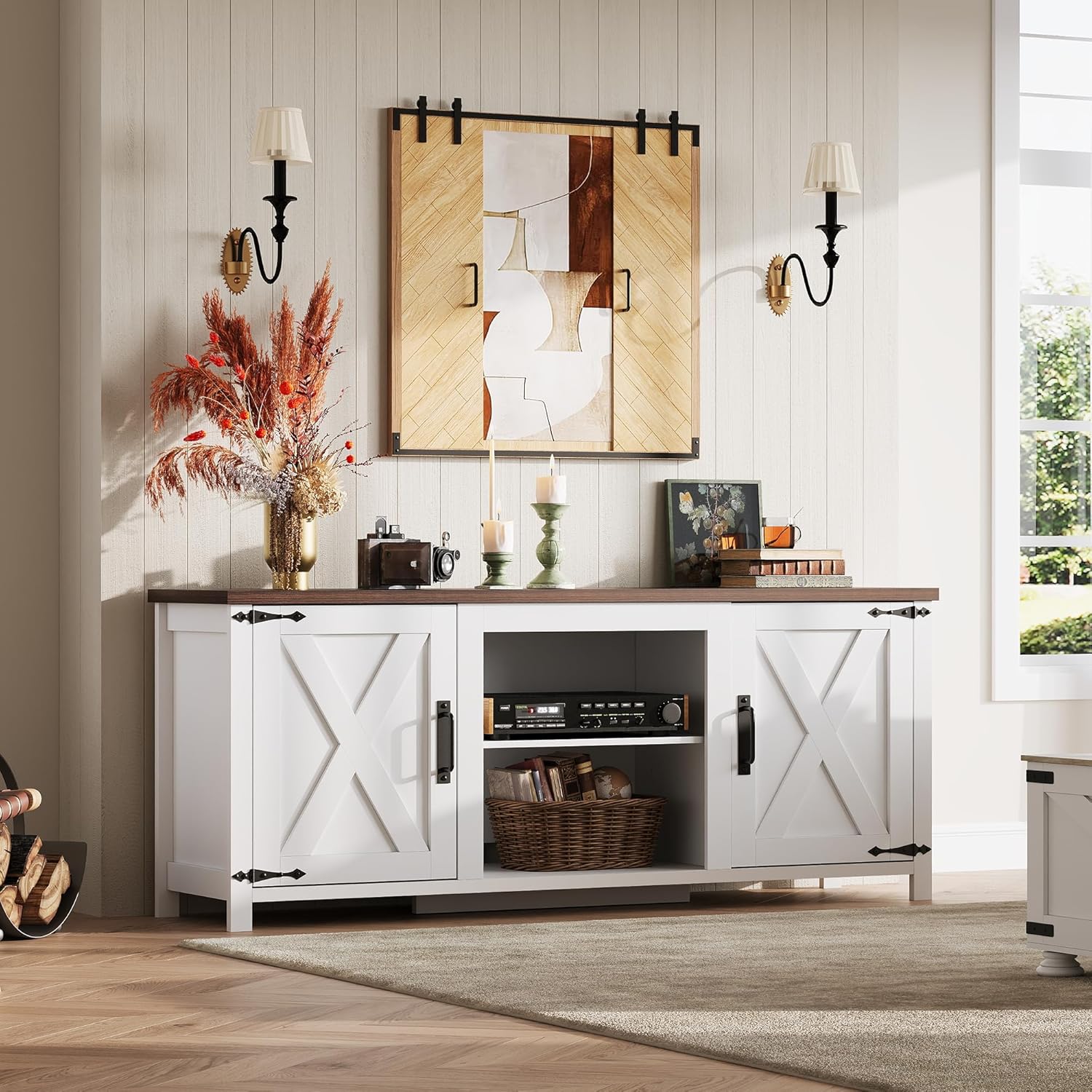 WLIVE Modern Farmhouse TV Stand for TVs up to 65", Entertainment Center with X-Shaped Barn Doors, Large Storage Media TV Console with Adjustable Shelves & Cable Holes for Living Room, White