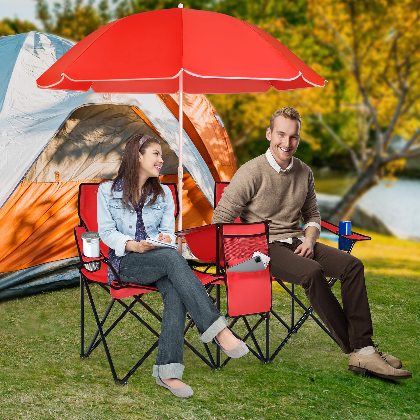 GIANTEX 2er Partner Campingstuhl mit Sonnenschirm, klappbarer Doppel Angelstuhl mit Getränkehalter & Kühltasche, Klappstuhl für 2 Personen, Anglerstuhl in Tasche, Faltstuhl Doppelsitzer