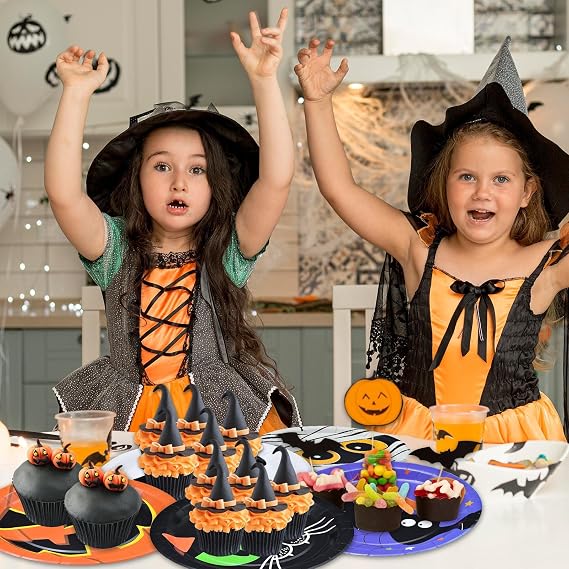 Gistome 48 Pieces Halloween Paper Plates Set Mixed 9-Inch & 7-Inch Disposable Plates with Black Cat, Pumpkin, Bat, Mummy, Ghost, and Monster Designs for Spooky Trick-or-Treat Halloween Parties