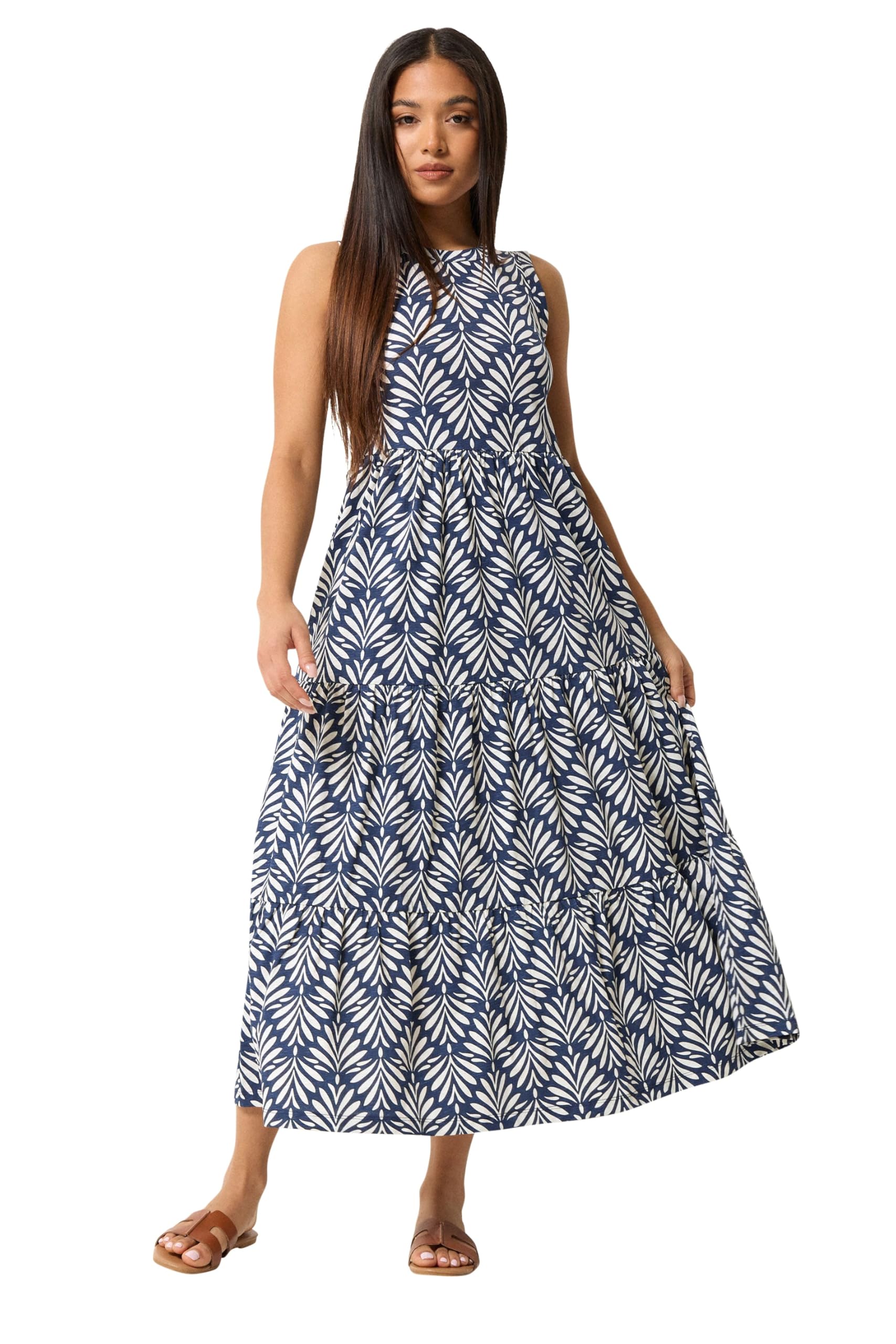 M&Co Women's Petite Leaf Print Tiered Cotton Maxi Dress in Mid Navy | Size: 10
