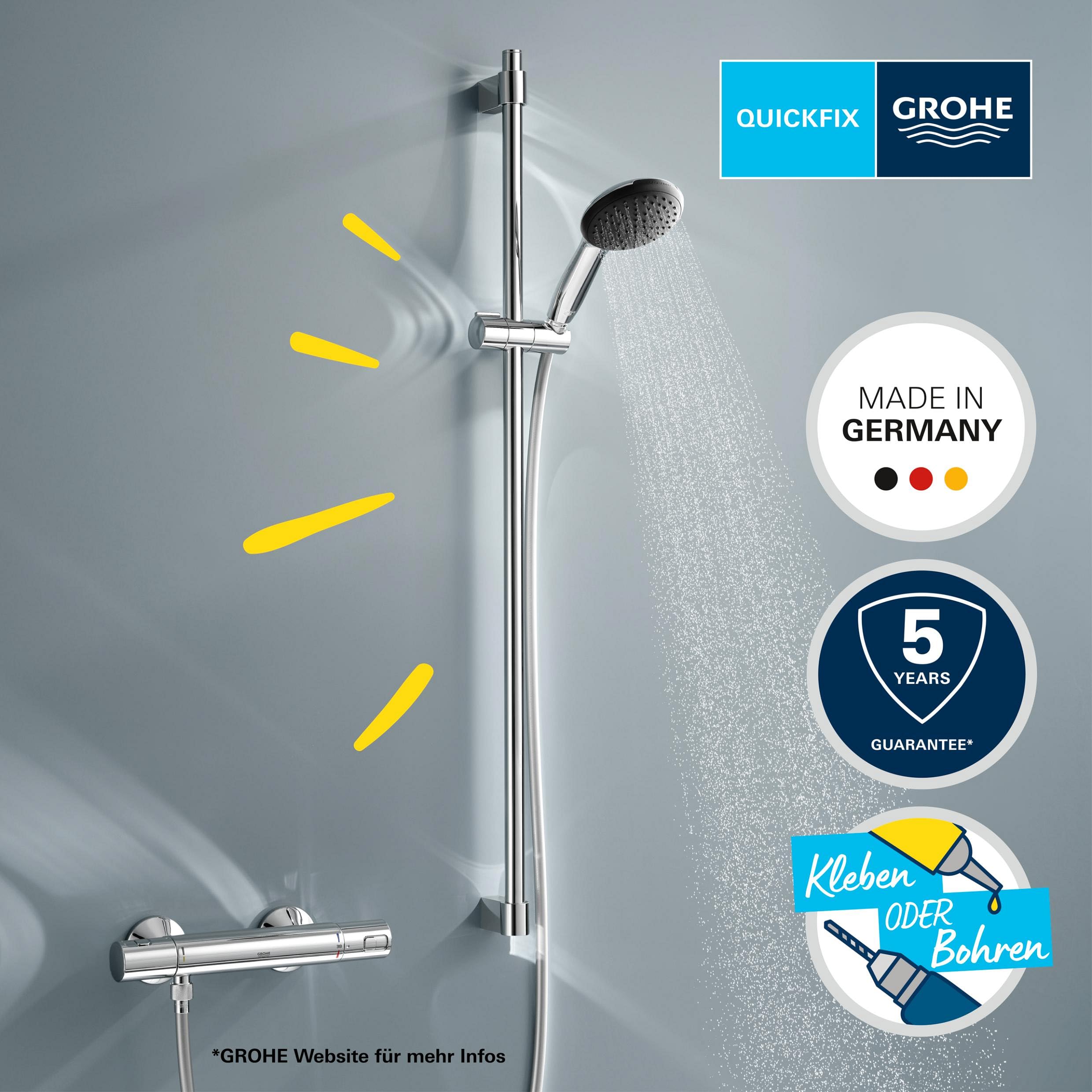 GROHE Vitalio 110, doucheset waterbesparend, 8 l per minuut (douchestangset met: douchekop 3 straalsoorten, 1,75 m slang, douchestang 90 cm, om te lijmen of te boren, zonder lijm), vierkant, chroom
