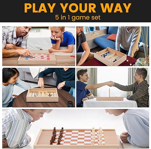 Miniatura 7 de Kaas Juego de ajedrez y damas de madera 5 en 1 para niños y adultos, ajedrez, damas, juego de disco, juego de cierre de caja, juego de cuatro en