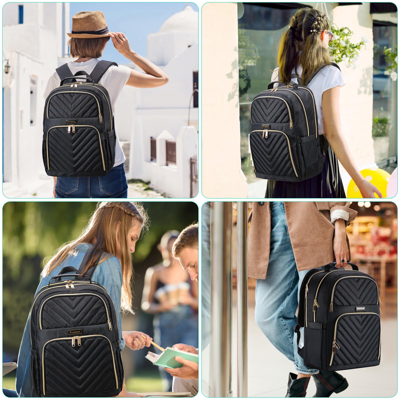 Rucksack Damen Arbeit Rucksack, 17.3 Zoll Schulrucksack Mädchen Teenager | Laptop Rucksack Stylischer Daypack Wasserdichte für Schule, Uni, Reisen, Schwarz
