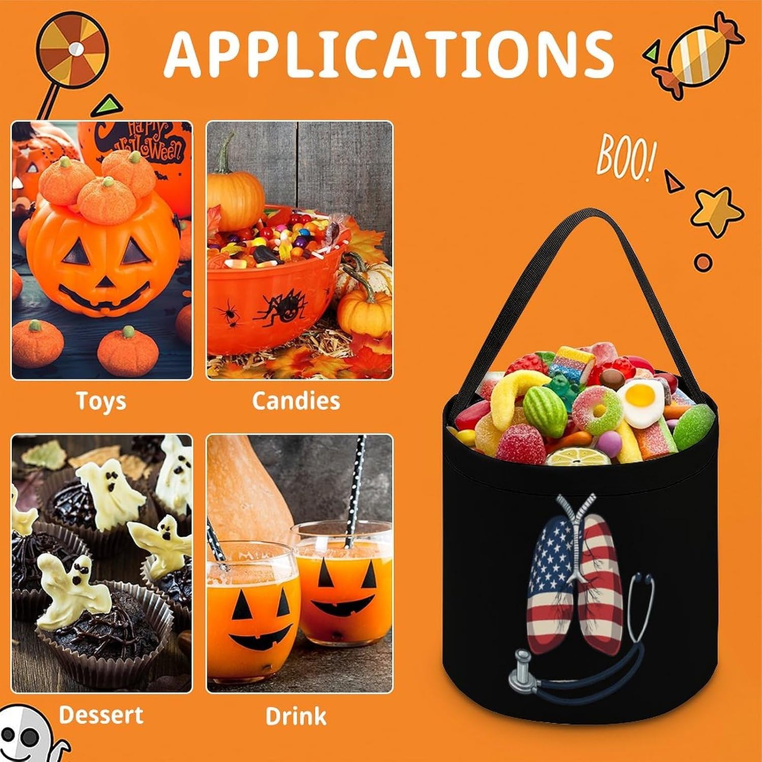 Lungs US Flag Respiratory Therapist Halloween Treat Bag Reusable Candy Basket Tote Goody Bags Gift Party
