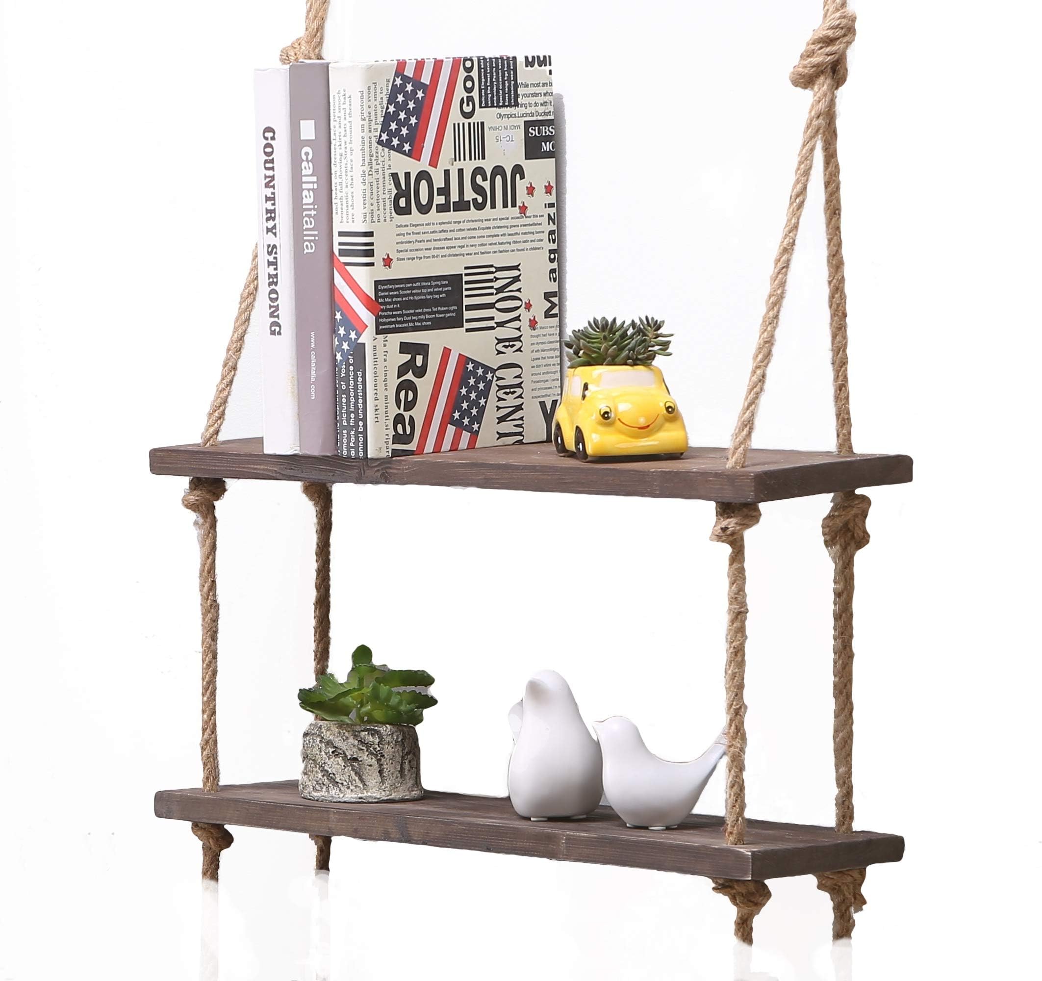 Solid Wood Wall Shelf Storage Floating Wall Shelf Rustic Vintage Wooden Rope Shelf (Dark, 2 Shelves)