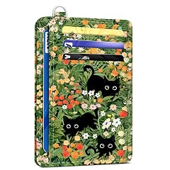 SEAVILIA Credit Card Holder for Women Black Cat RFID Wallet Women Slim Minimalist Front Pocket Card Holder Cute